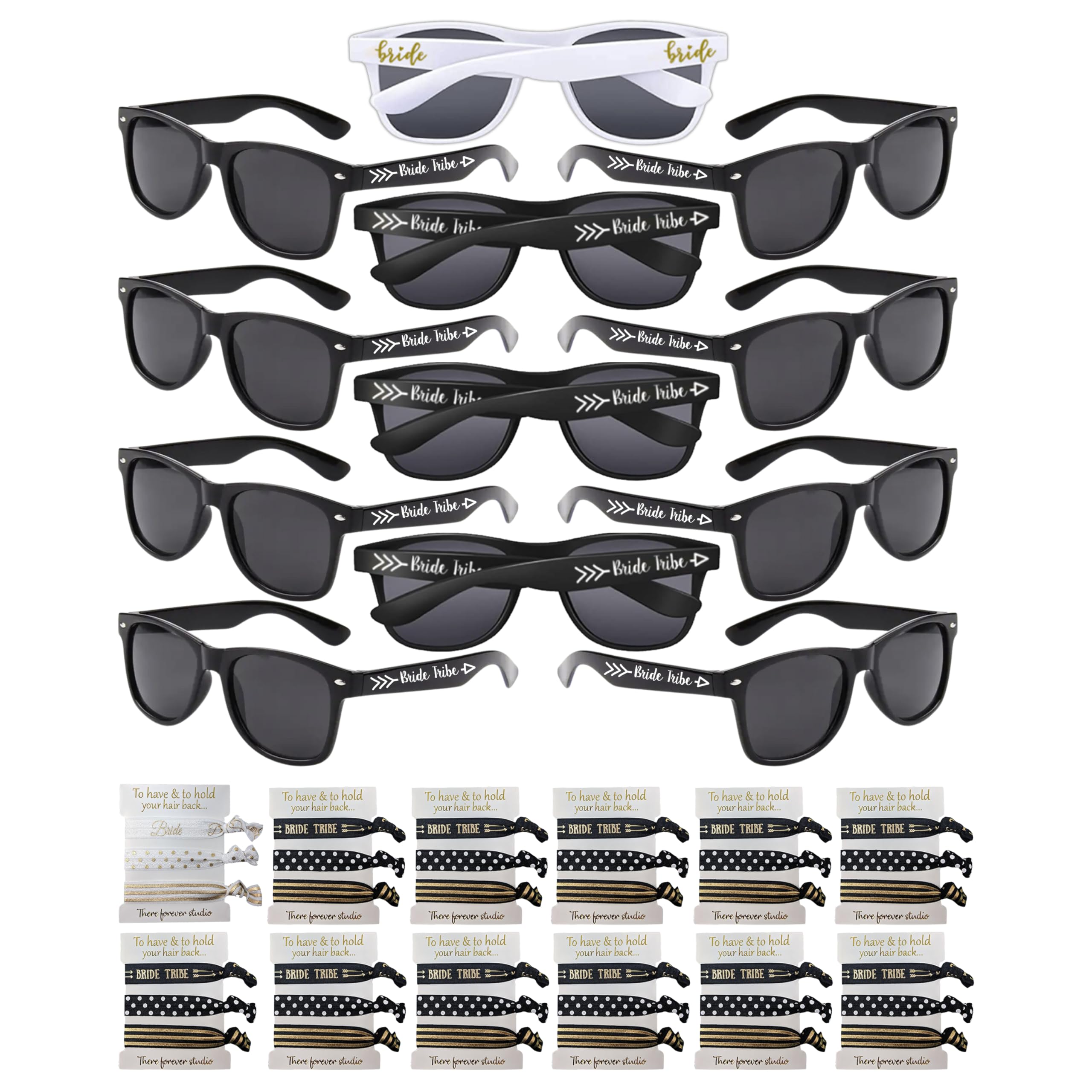 Bachelorette Party Sunglasses and Hair Tie Set of 12 - Bride & Bride Tribe, Bridesmaid Proposal Gift. Bridal Party Favors Bulk