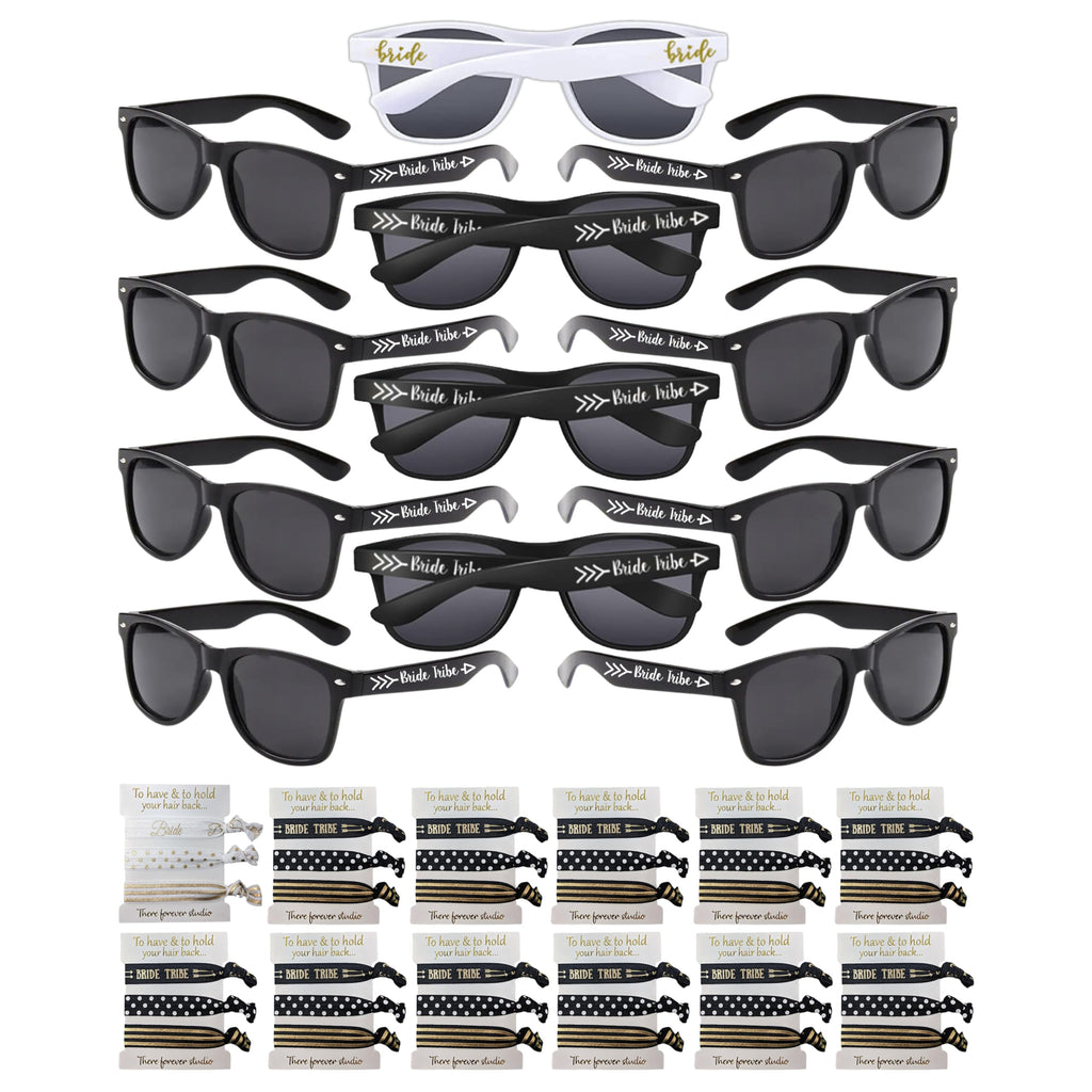 Bachelorette Party Sunglasses and Hair Tie Set of 12 - Bride & Bride Tribe, Bridesmaid Proposal Gift. Bridal Party Favors Bulk