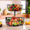 Kuber Industries Metal 2Layer Basket Organizer For Kitchen  Pyaj/Onion Storage Basket & Circular Countertop Side Stand | Black