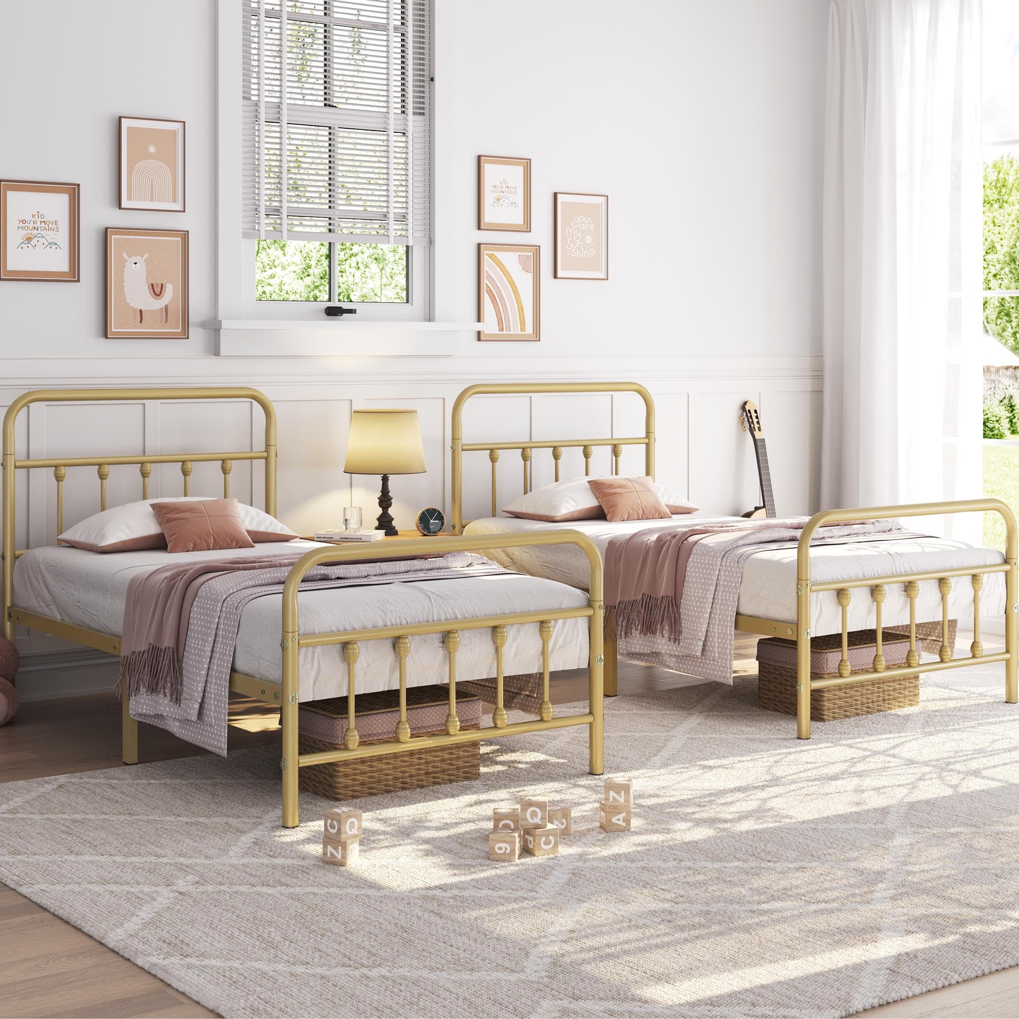 Yaheetech Classic Metal Platform Bed Frame Mattress Foundation With Victorian Style Iron-Art Headboard/Footboard/Under Bed Storage/No Box Spring Needed/Twin Size Antique Gold