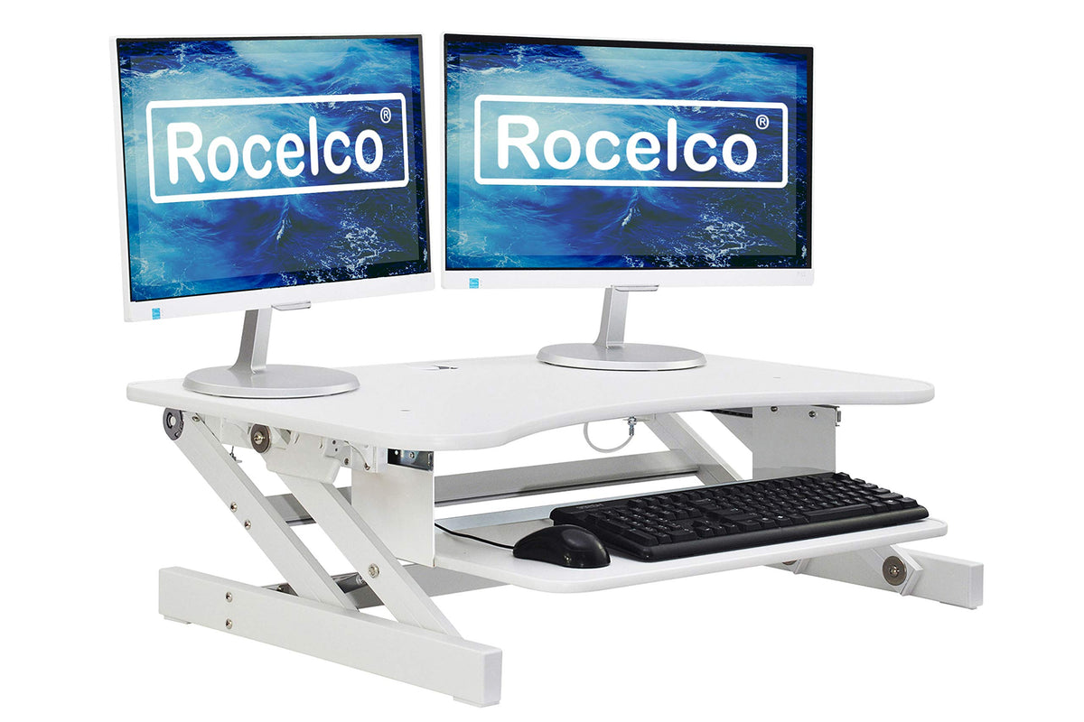 Rocelco 37.5&quot; Deluxe Height Adjustable Standing Desk Converter - Quick Sit Stand Up Dual Monitor Riser - Gas Spring Assist Computer Workstation - Large Retractable Keyboard Tray - White (R DADRW)