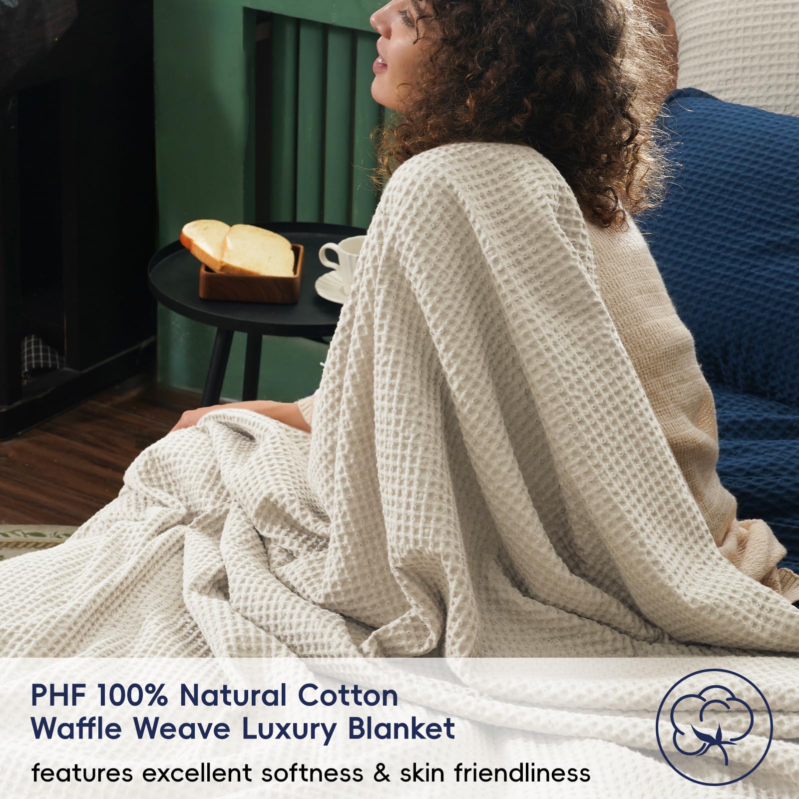 Phf 100% Cotton Waffle Weave Blanket Queen Size 90'X90' - Lightweight Cozy Washed Soft Breathable Throw - Great Layer For Couch Bed Sofa - Elegant Aesthetic Home Decoration Gift-Linen