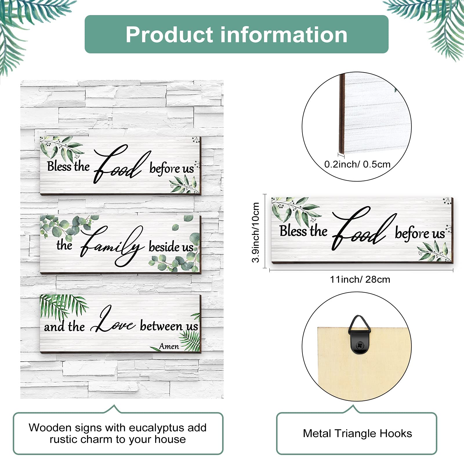 3 Pieces Eucalyptus Greenery Wooden Wall Sign Bless Family Food Love Plaque Botanical Leaf Wood Sign Green Leaves Rustic Sign Pl