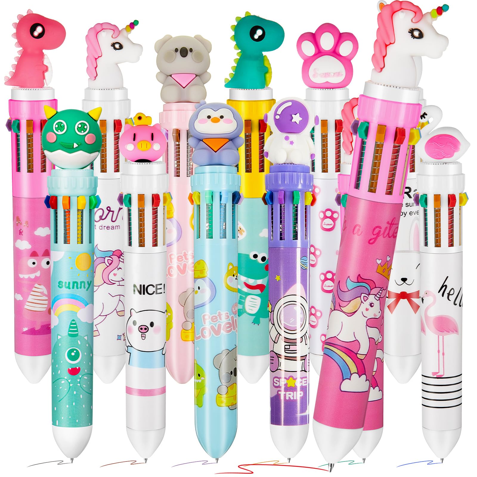 Kosiz 12 Pcs Multicolor Ballpoint Pens 10 In 1 Retractable 0.5 Mm Cute Animals Shuttle Pens For Office School Students Kids Birt