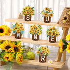 Maitys 6 Pcs Sunflower Summer Table Decor Wood Block Signs Farmhouse Tiered Tray Decor Flowers Tabletop Signs Decorations Wooden