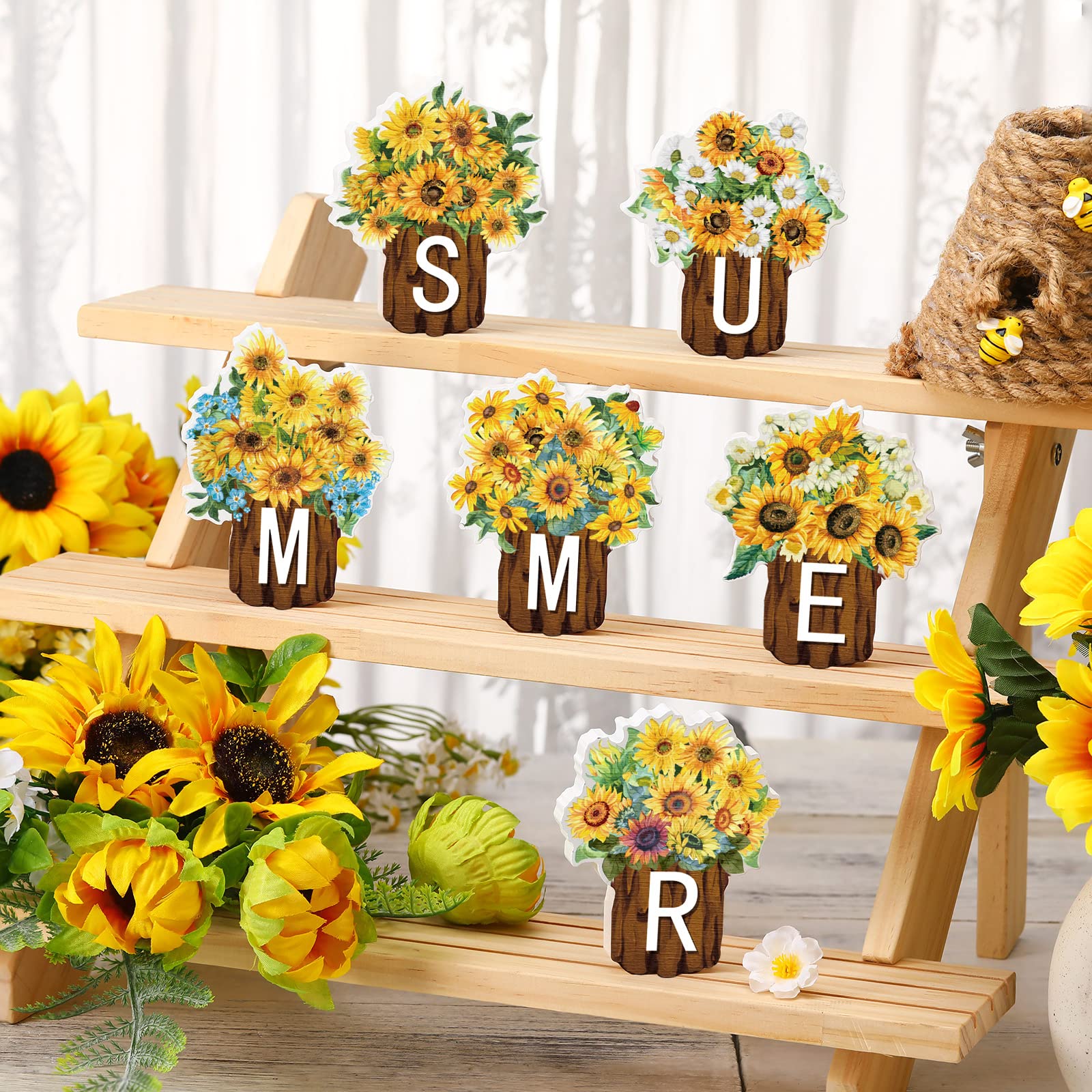 Maitys 6 Pcs Sunflower Summer Table Decor Wood Block Signs Farmhouse Tiered Tray Decor Flowers Tabletop Signs Decorations Wooden