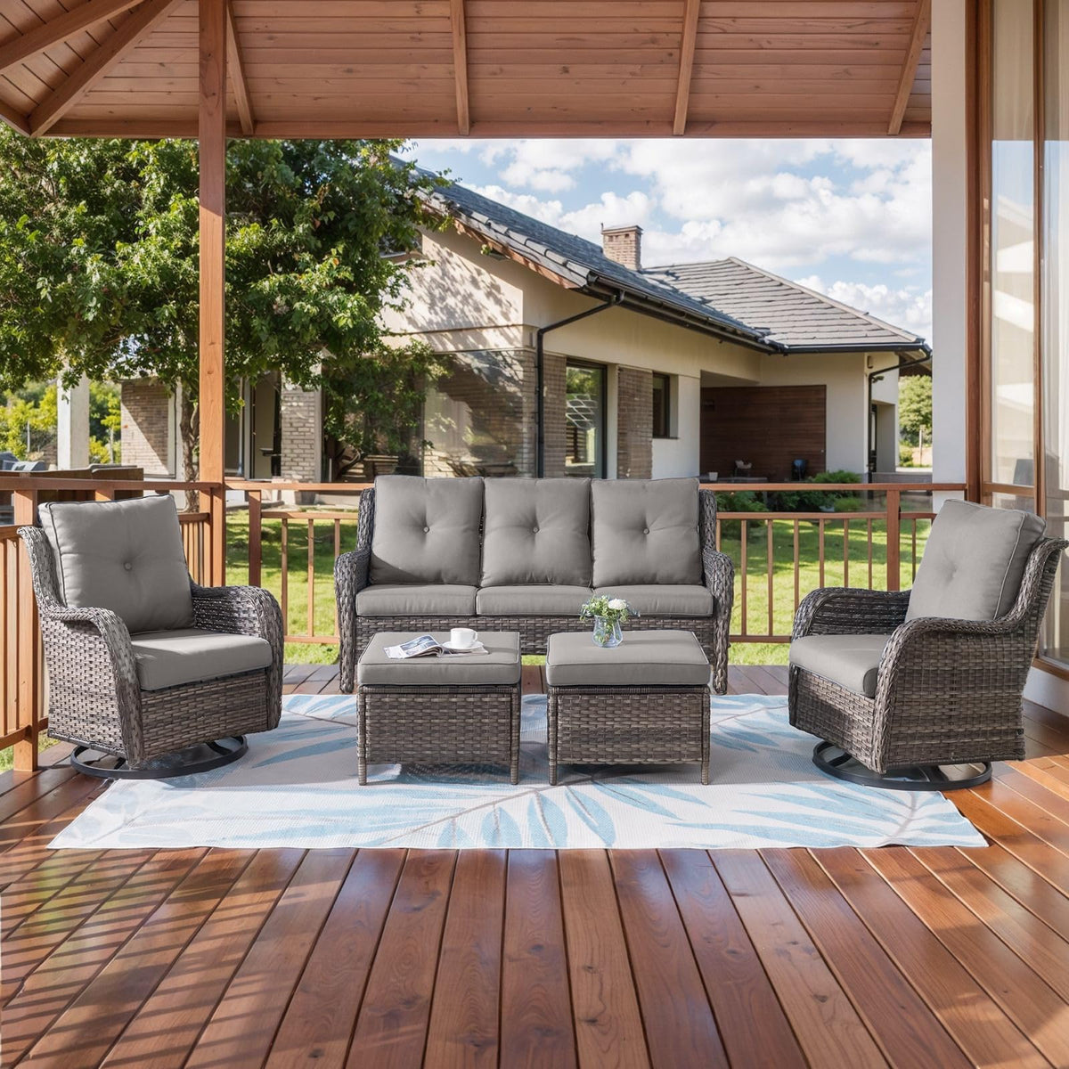 Hummuh 5 Pieces Outdoor Furniture Patio Furniture Set Wicker Outdoor Sectional Sofa With Swivel Rocking Chairs,Patio Ottomans