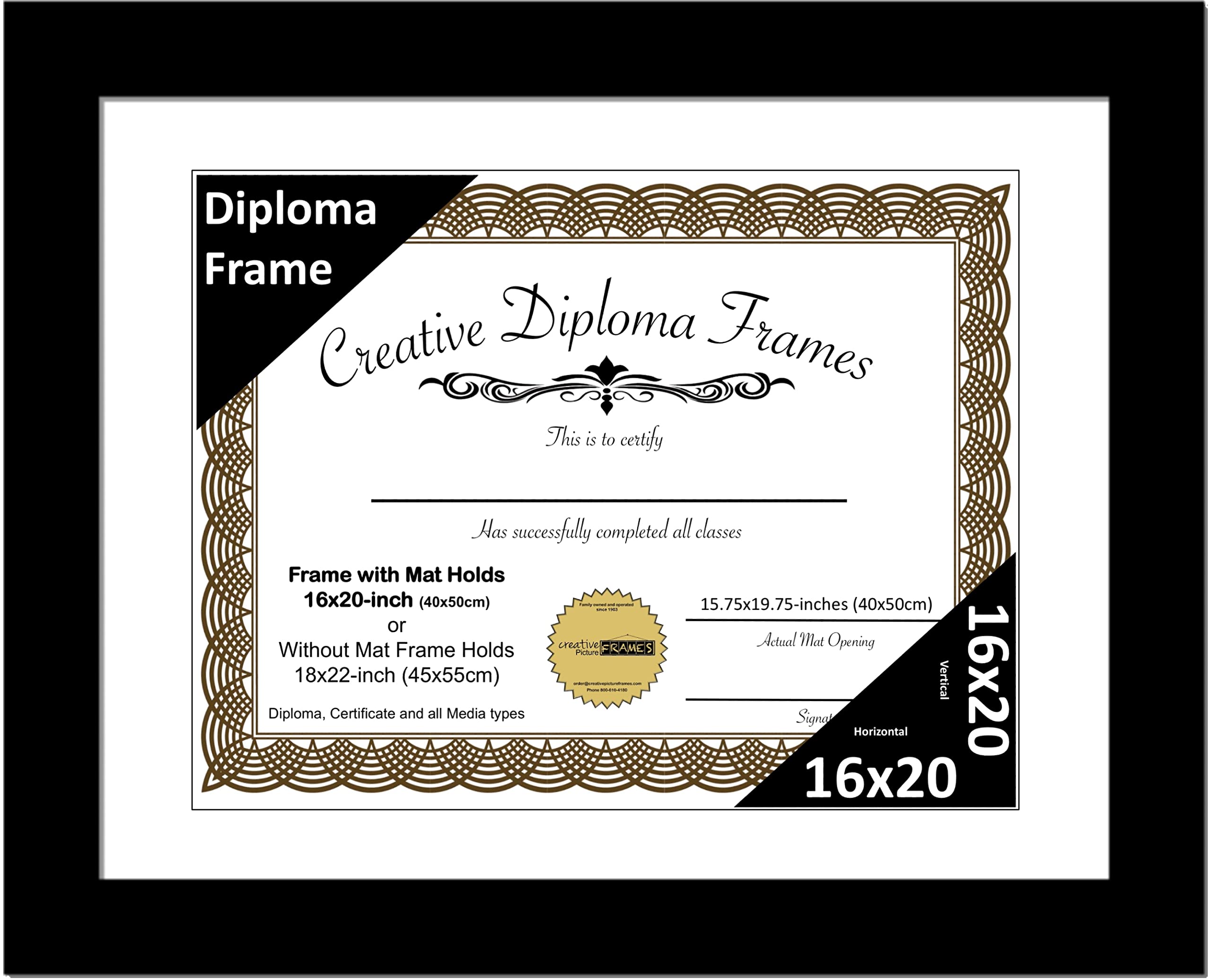 Creative Picture Frames 16x20 Classic Black Diploma Frame with White Mat Glass Easel and Installed Wall Hangers | Frame Holds 18