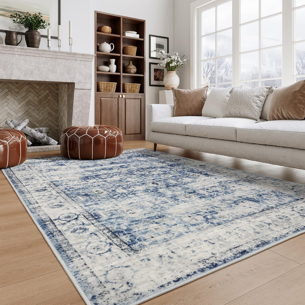 Lahome Blue Area Rug For Living Room 6X9 Machine Washable Area Rugs Living Room Rug,Vintage Distressed Soft Rubber Backing Stain