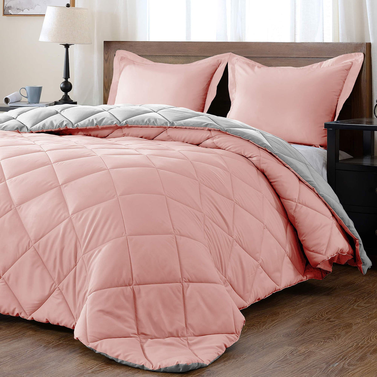 Downluxe Lightweight Solid Comforter Set (Queen) With 2 Pillow Shams - 3-Piece Set - Pink And Grey - Down Alternative Reversible