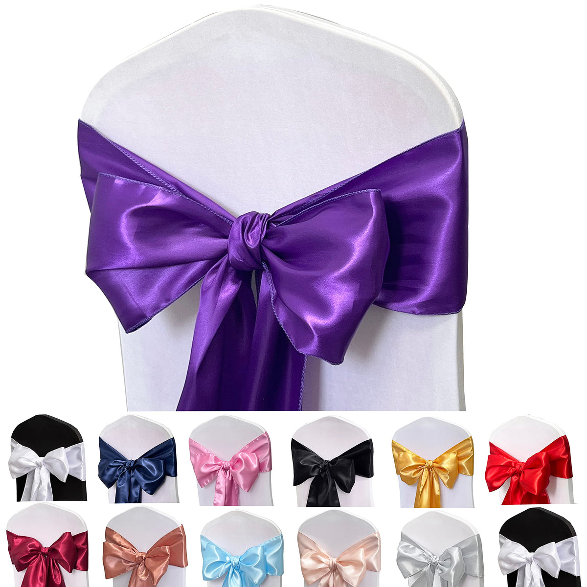 Maiangel Satin Chair Sashes Bows-50Pcs Chair Ribbon Ties Back Sash For Wedding Party Events Banquet Chair Cover Decoration (Purp