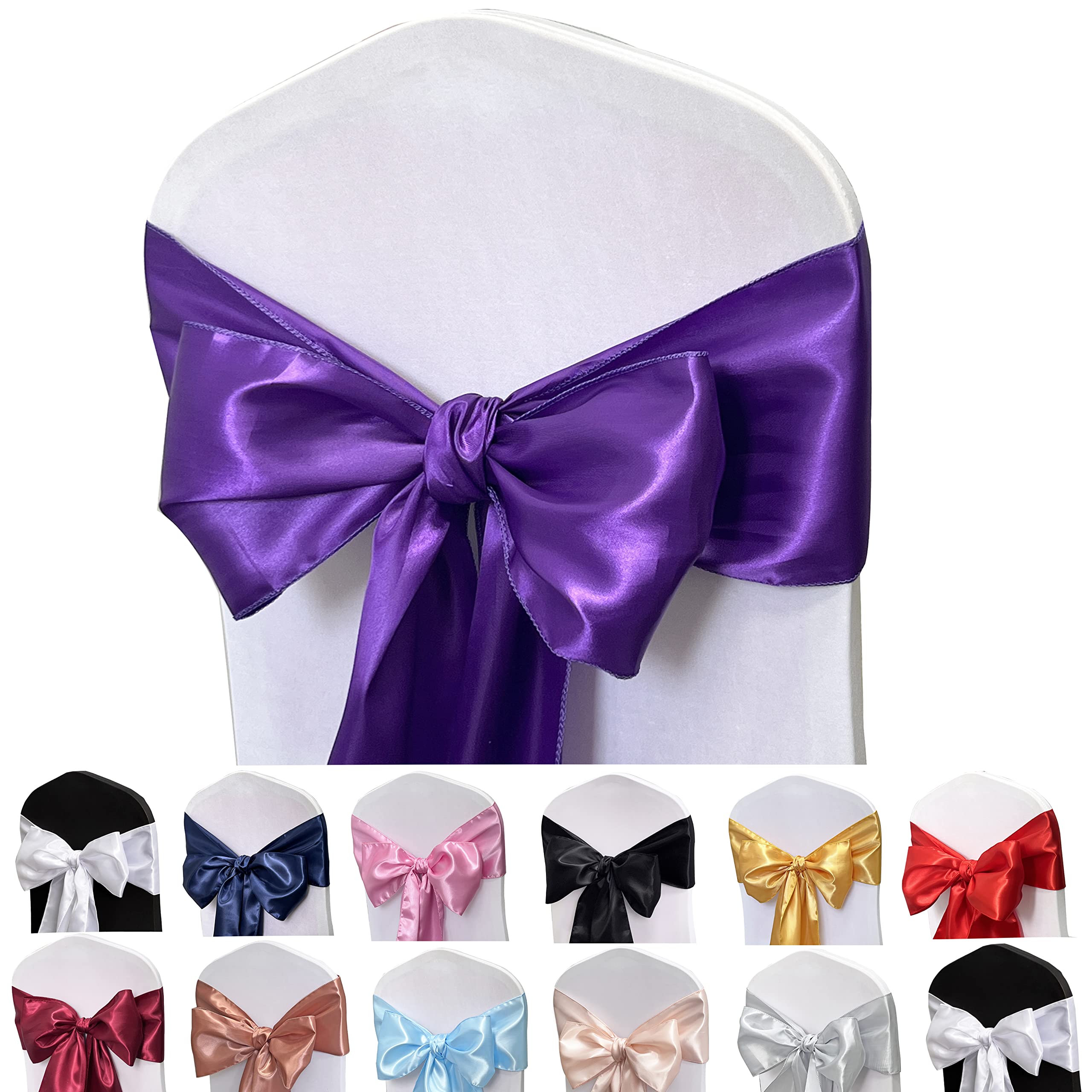 Maiangel Satin Chair Sashes Bows-50Pcs Chair Ribbon Ties Back Sash For Wedding Party Events Banquet Chair Cover Decoration (Purp