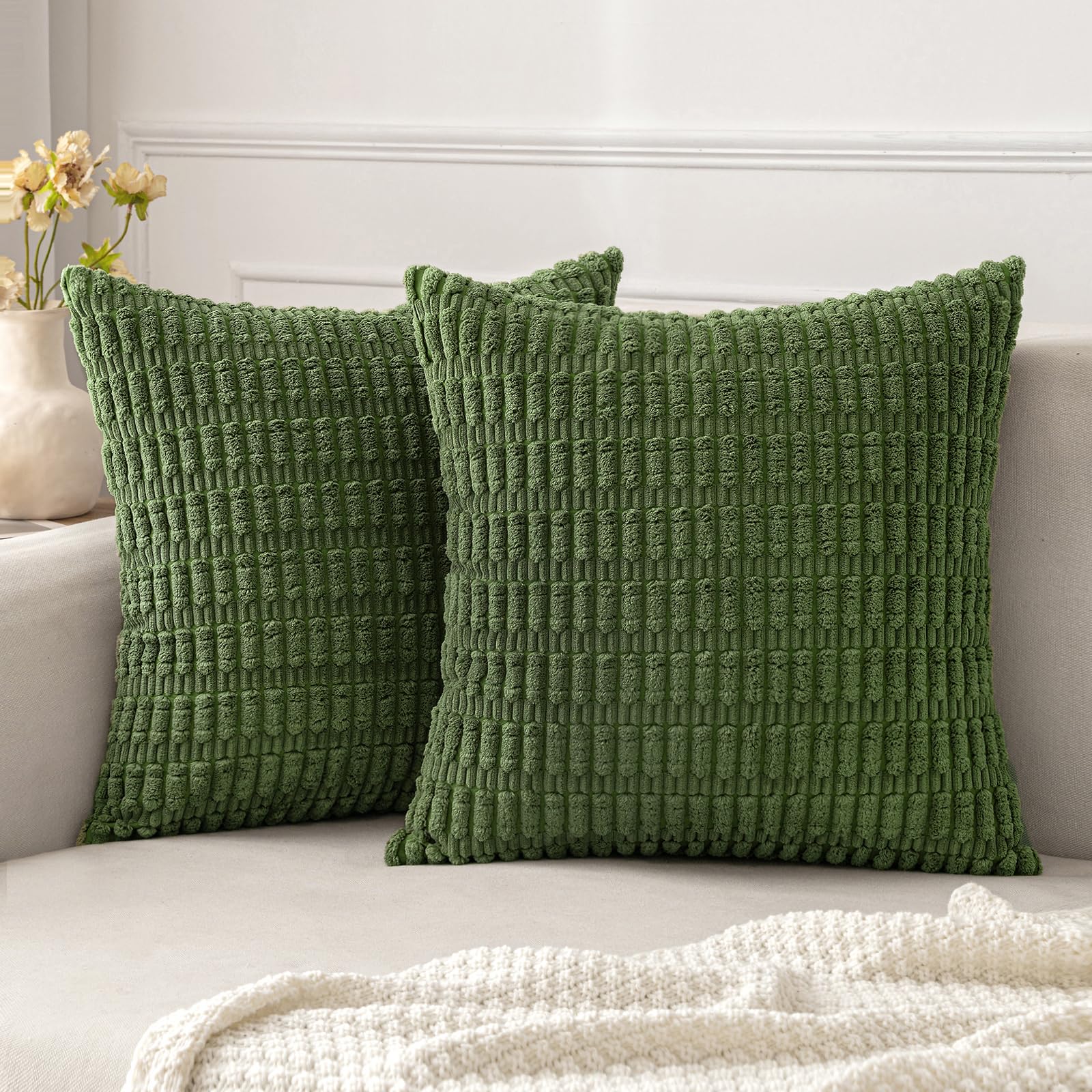 Miulee Pack Of 2 Moss Green Throw Pillow Covers 18X18 Inch Corduroy Decorative Couch Pillow Covers Soft Boho Striped Pillow Cove