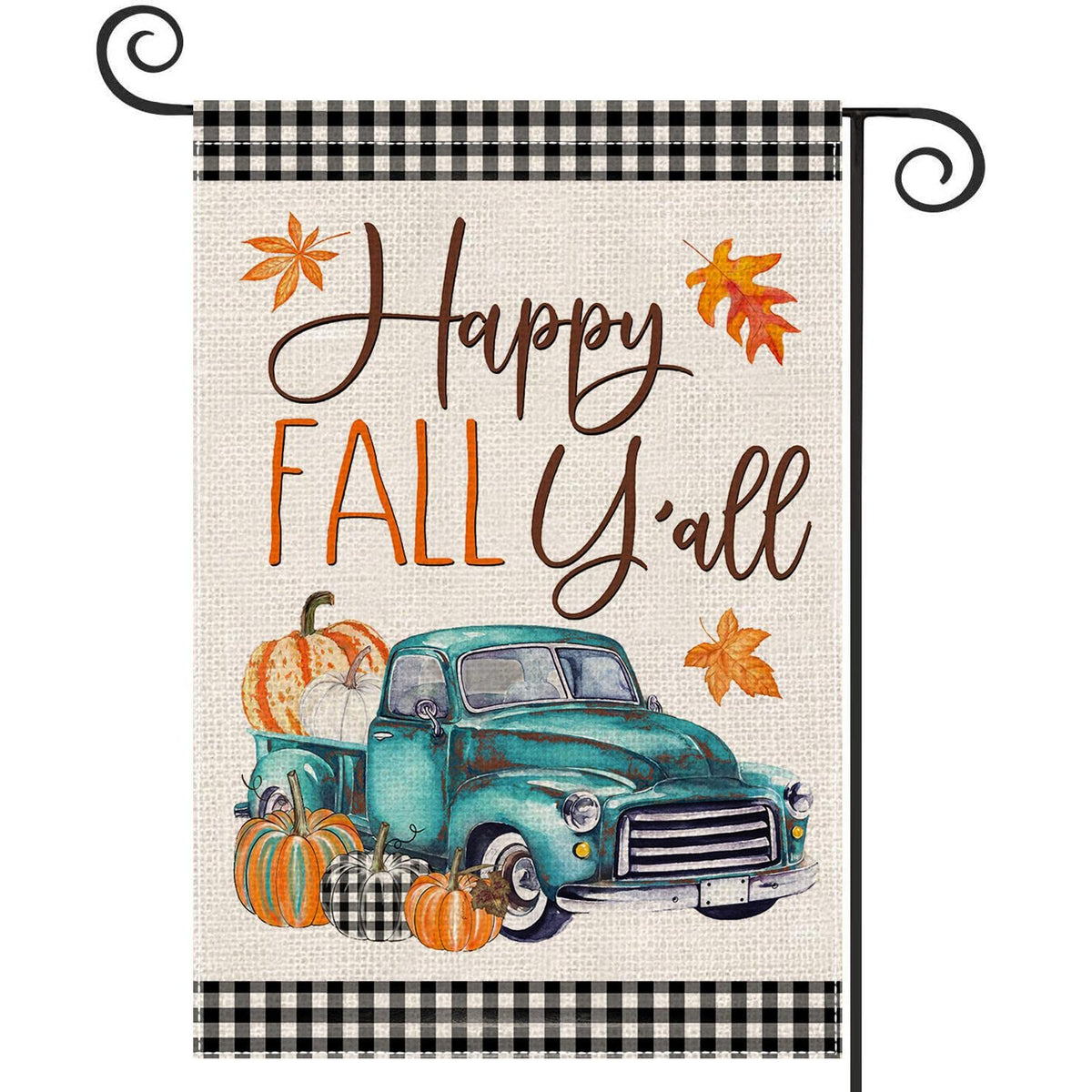 Thanksgiving Happy Fall Y'All Garden Flags For Outside,12 X 18 Double Sided,Harvest Buffalo Plaid Truck With Pumpkins Maple Leav
