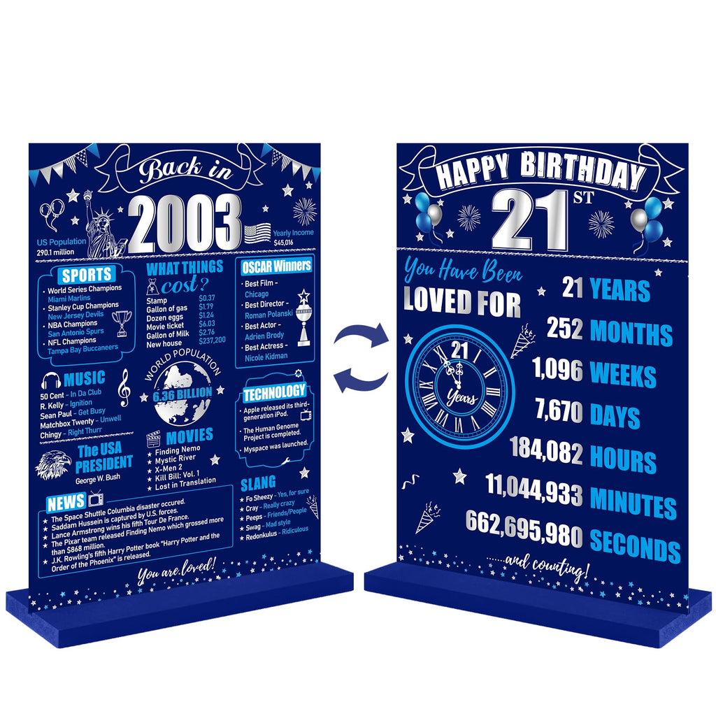 Eiurteao 21th Birthday Decorations Back in 2003 Table Sign for Boys, Blue Silver 21 Birthday Two-Sided Wooden Table Poster with 