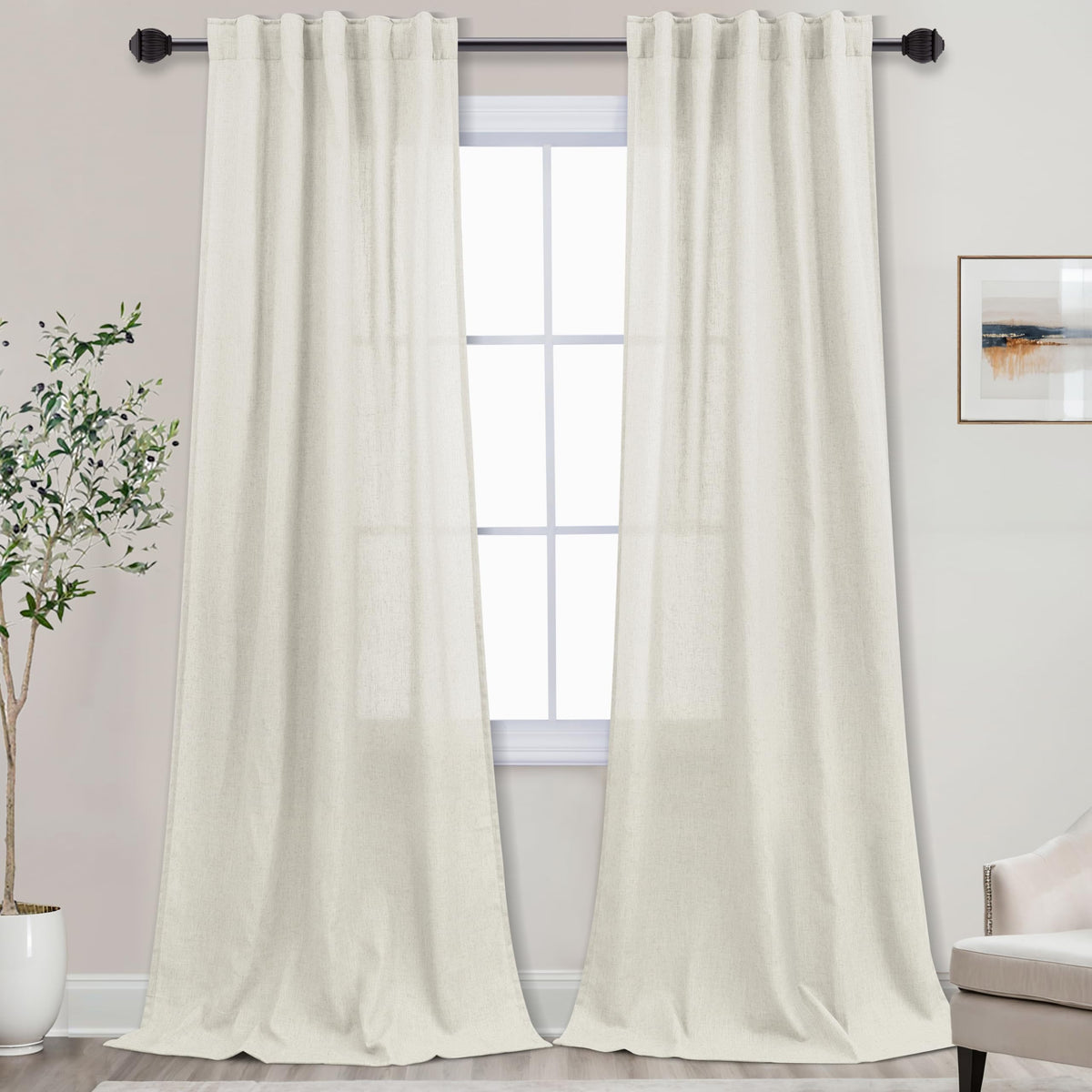 Ivory Natural Linen Curtains 42X96 Inch Length For Living Room Dining Room,Back Tab/Rod Pocket Boho Bedroom Cream Neutral Semi S