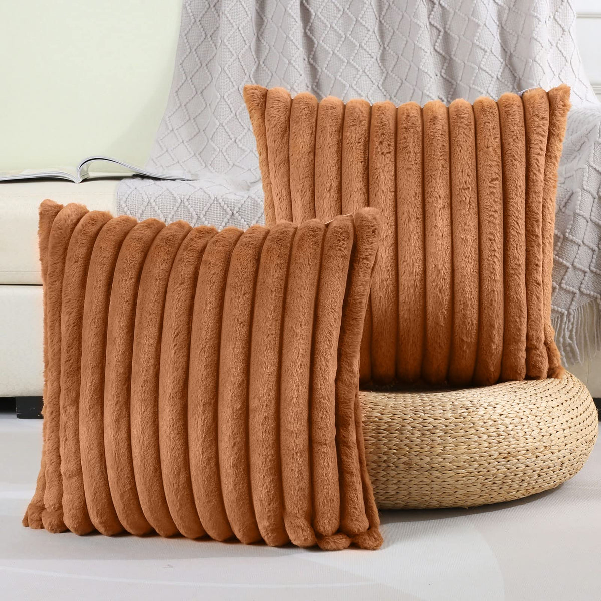 Futei Brown Striped Decorative Throw Pillow Covers 14X14 Inch Set Of 2,Square Spring Decorations Couch Pillow Case,Soft Cozy Fau