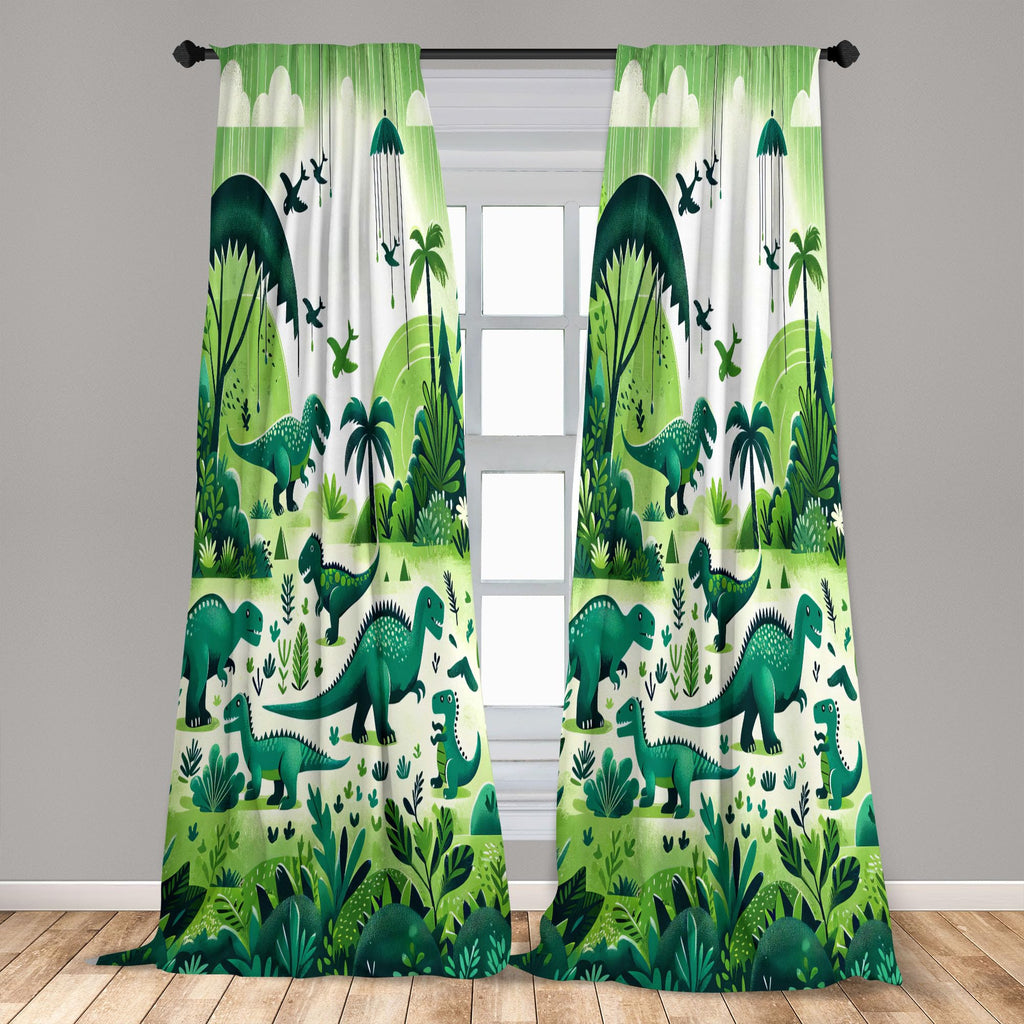 Ambesonne Dinosaur Curtains, Modern Artwork Of Jurassic Scenario With Dino Animals And Wild Jungle, Window Treatments 2 Panel Se