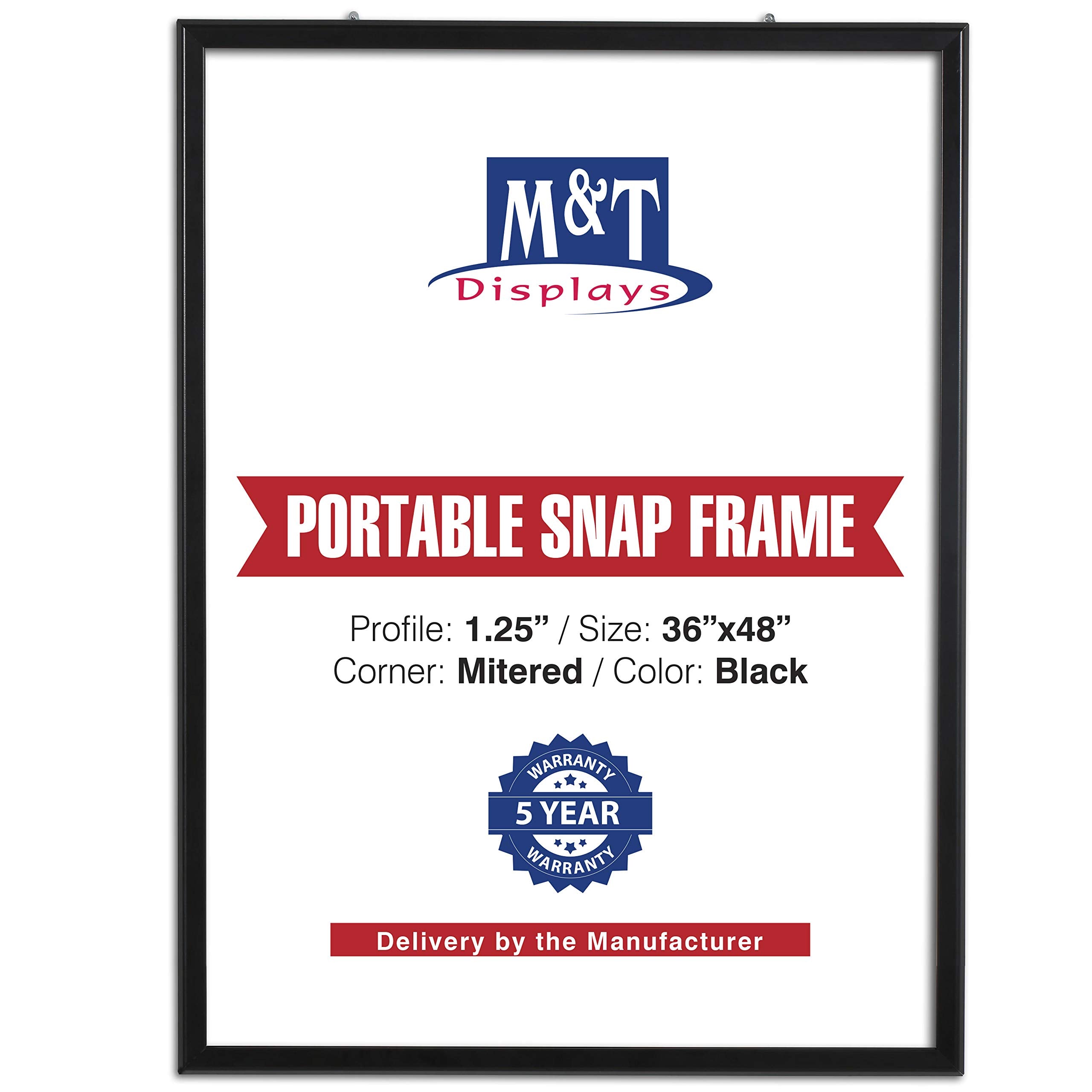 M&T Displays Portable Snap Poster Frame 36X48 Inch Black 1.25' Aluminum Profile Front Loading Wall Mounting Photo Picture Docum