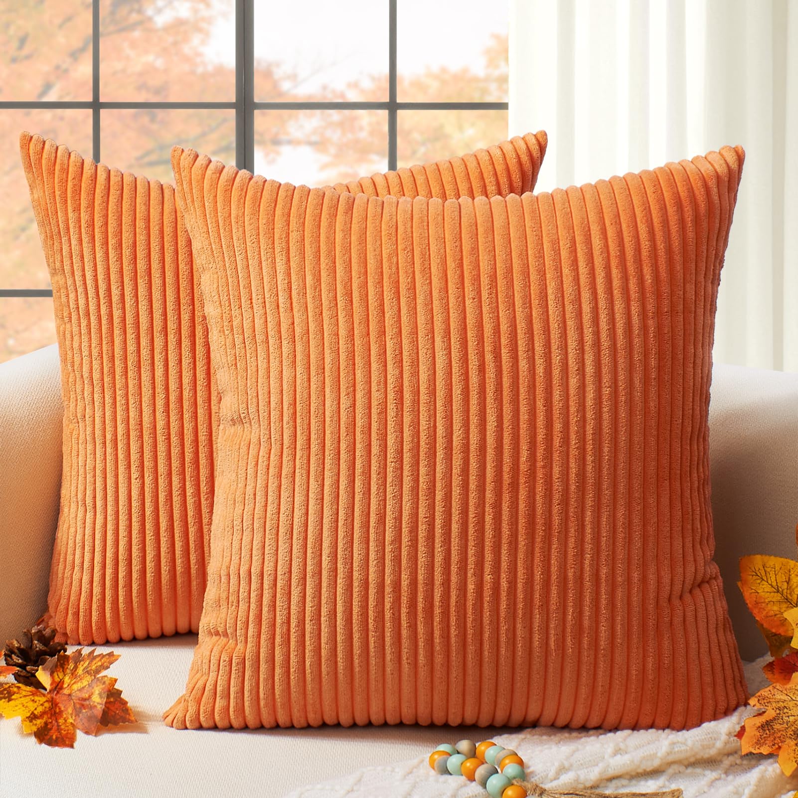 Softalker Fall Decorative Pillow Covers 18X18, Set Of 2 Orange Soft Striped Corduroy Throw Pillow Cover For Autumn, Square Accen