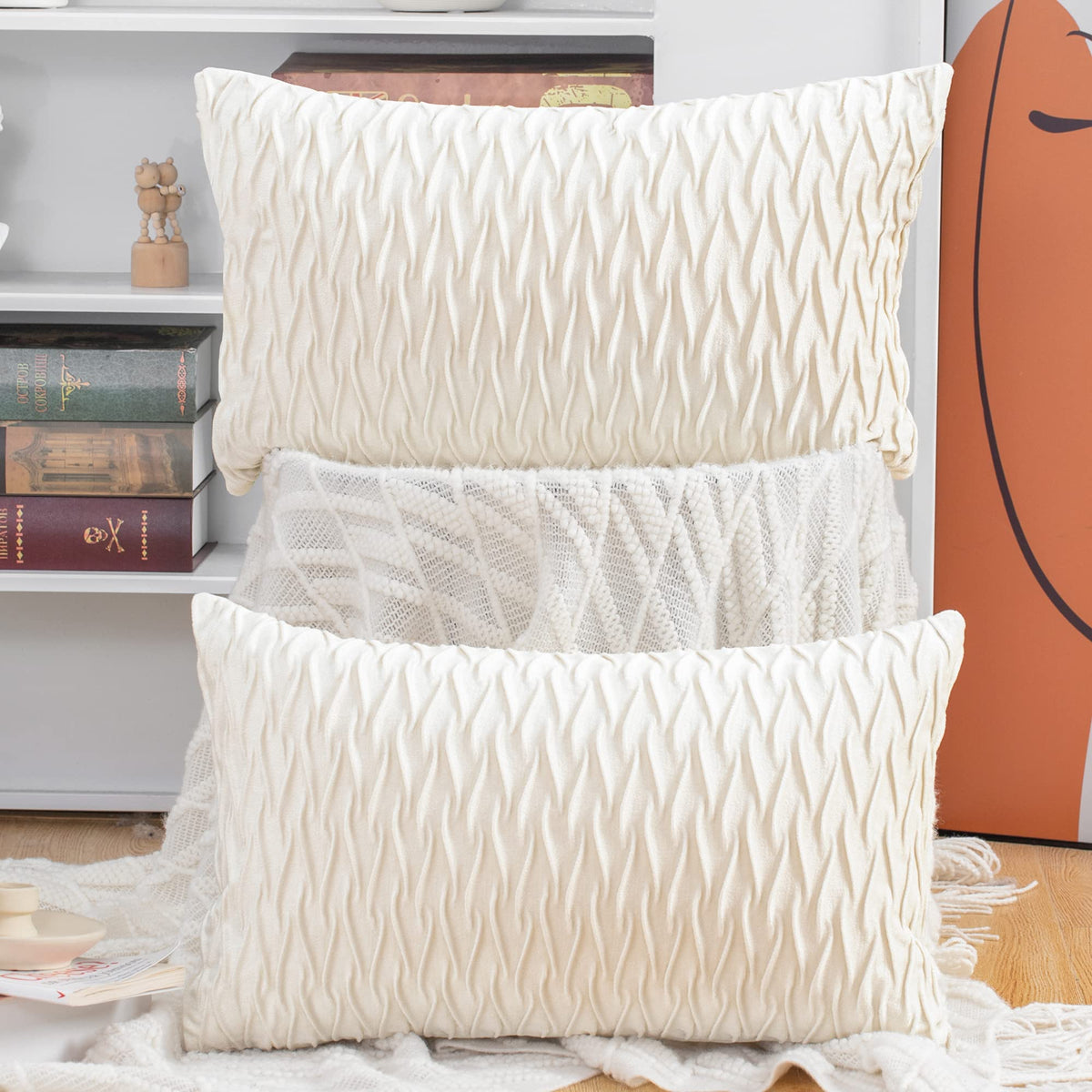 Madizz Set Of 2 Super Soft Velvet Decorative Throw Pillow Covers 12X20 Inch White Rectangular With Texture Luxury Style Cushion