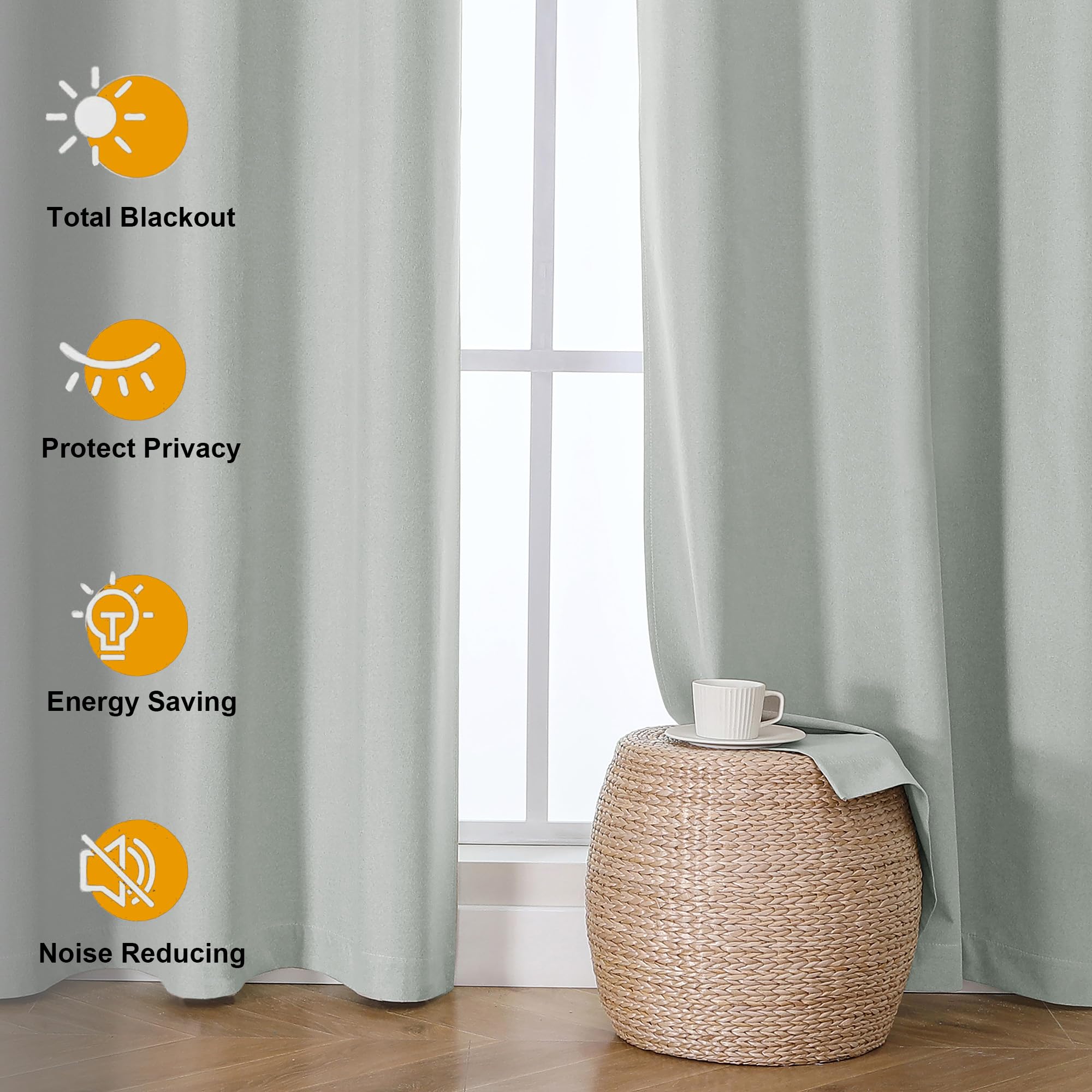Aiyufeng Light Green Total Blackout Curtains 63 Inches Long 2 Panels, Textured Full Room Darkening Panels, Faux Linen Look Therm