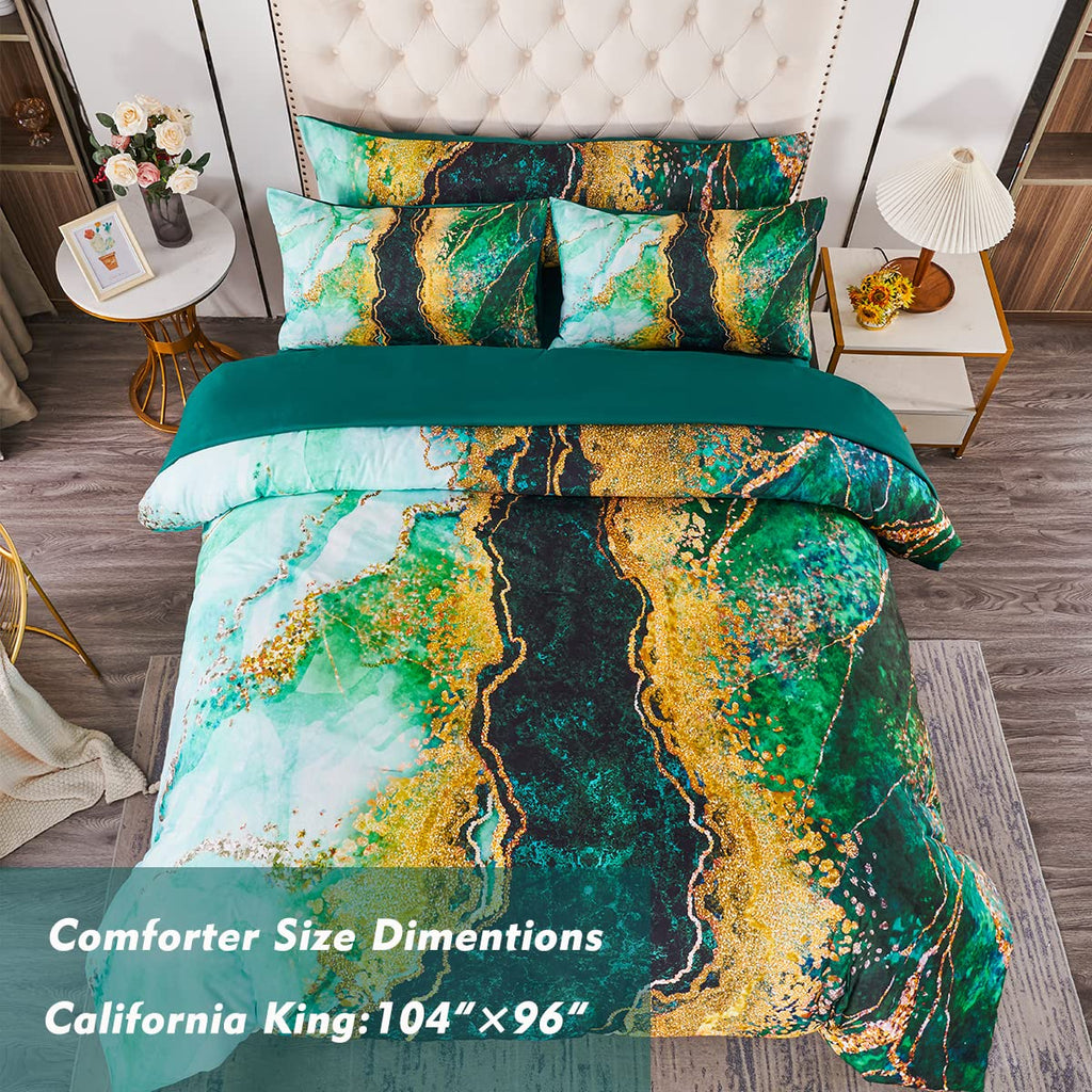 Perfemet 6 Piece Bed In A Bag California King Green Watercolor Marble Printed Comforter With Sheets Colorful Stylish Retro Artwo