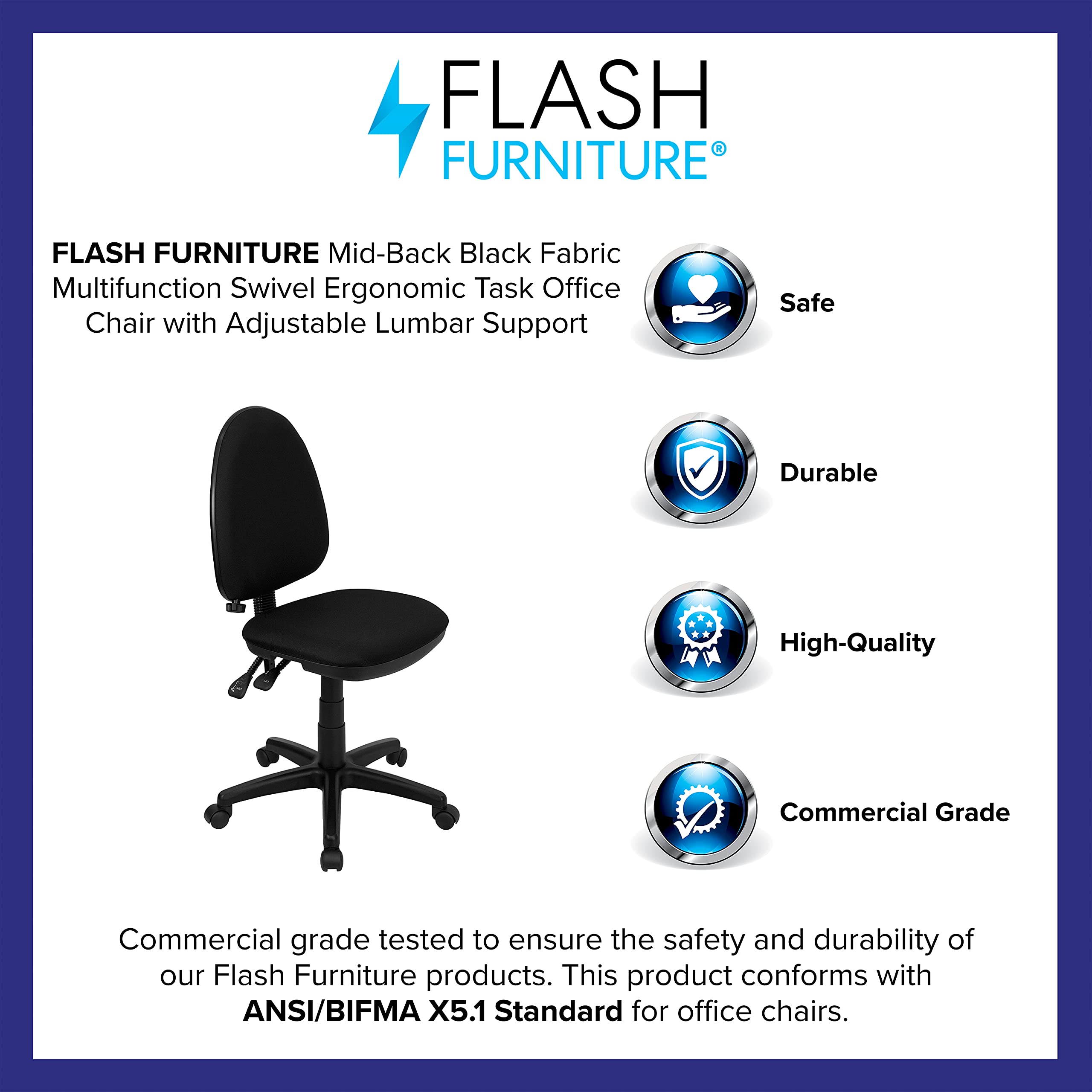 Flash Furniture Linus Mid-Back Black Fabric Multifunction Swivel Ergonomic Task Office Chair with Adjustable Lumbar Support