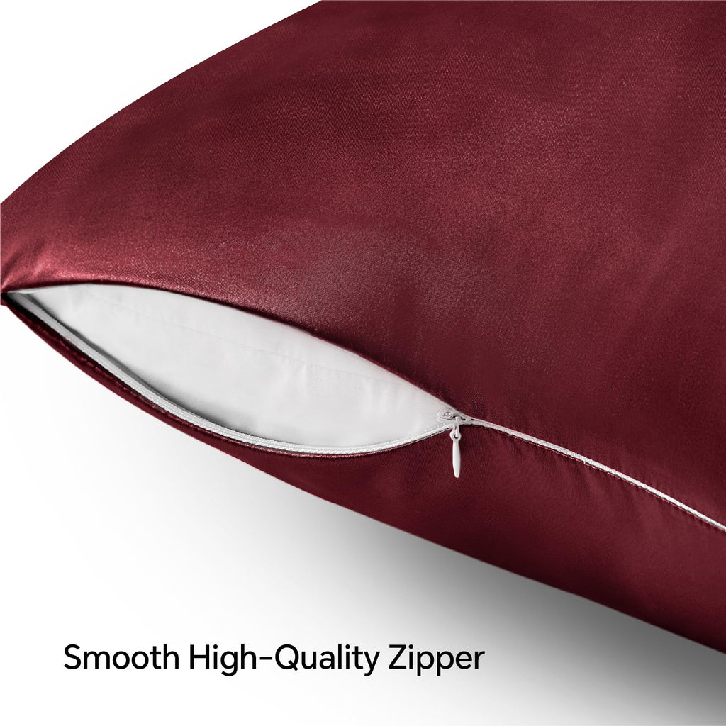 Bedelite Satin Pillowcase With Zipper 2 Pack, Burgundy Pillow Cases Standard Size, Super Soft And Cooling Similar To Silk Pillow