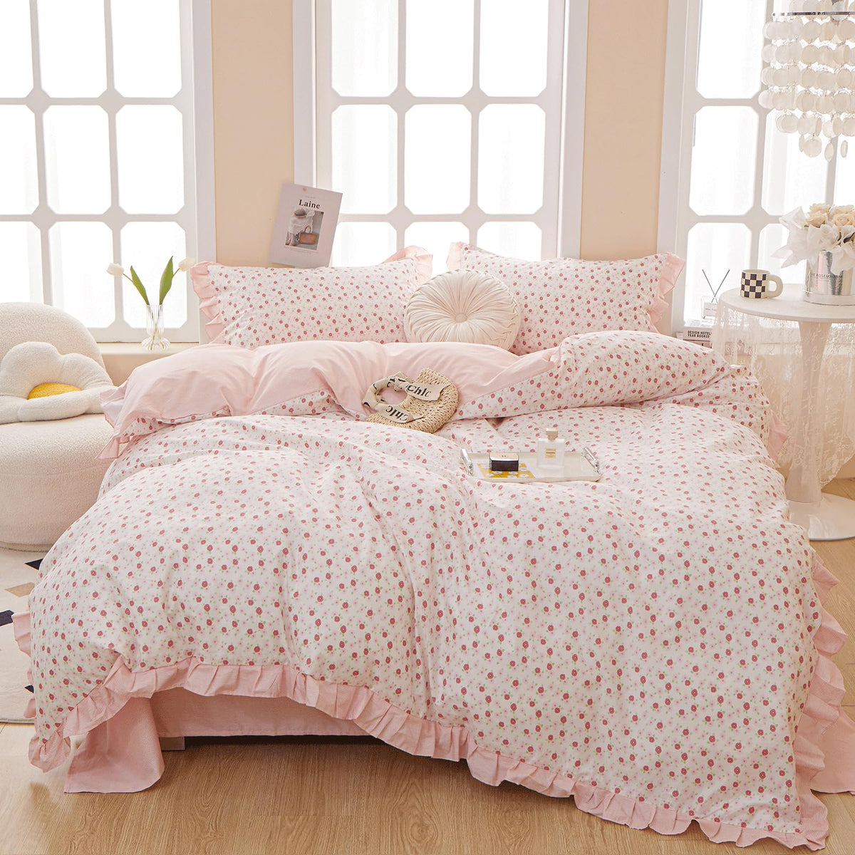 Vm Vougemarket Ruffle Duvet Cover Queen With Cute Red Flower Printed Reversible Pink Striped Lace Comforter Cover With Zipper Co