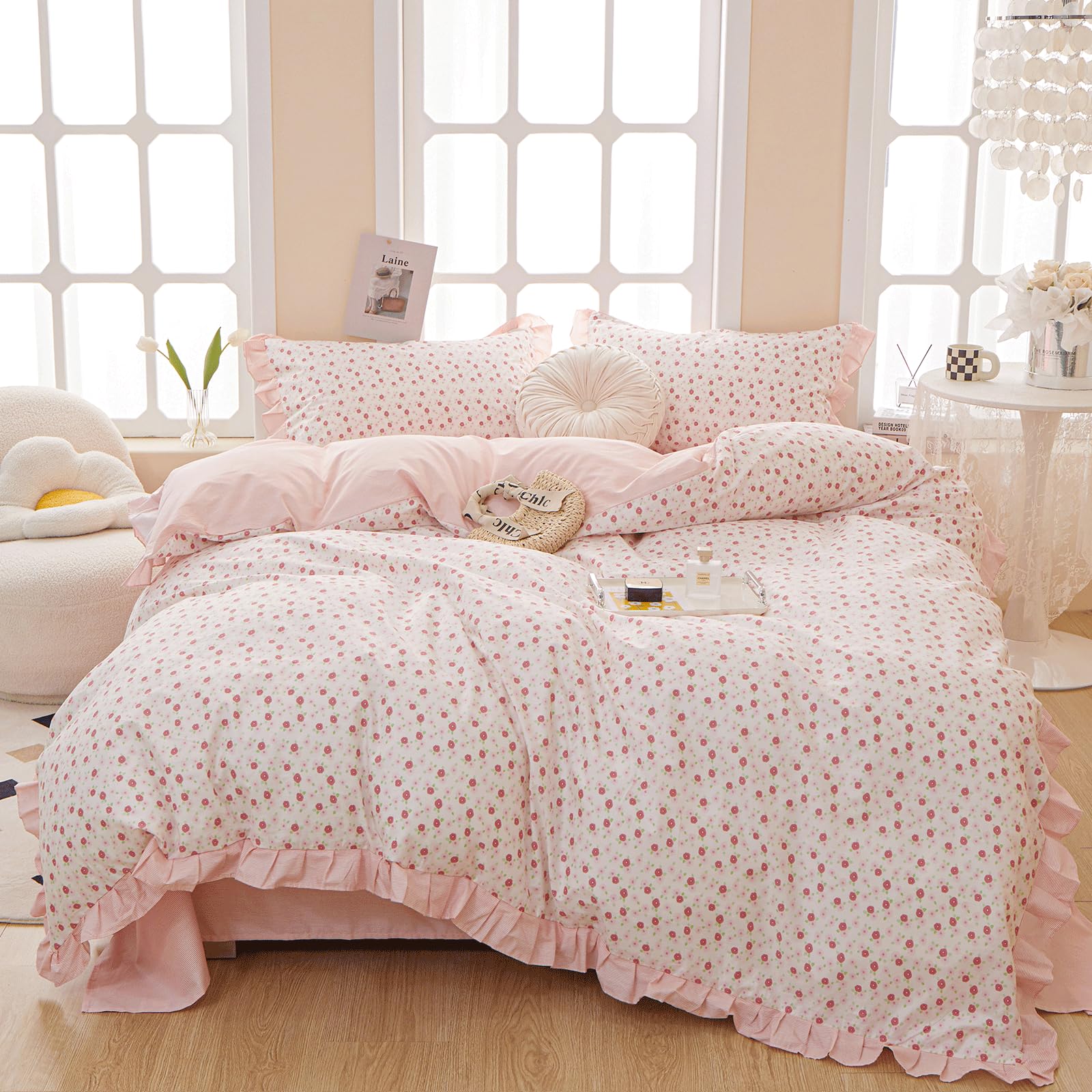 Vm Vougemarket 3 Pieces Ruffled Comforter Set With Pink Flower Pattern,1 Pink Striped Lace Comforter With 2 Pillow Shams For Tee
