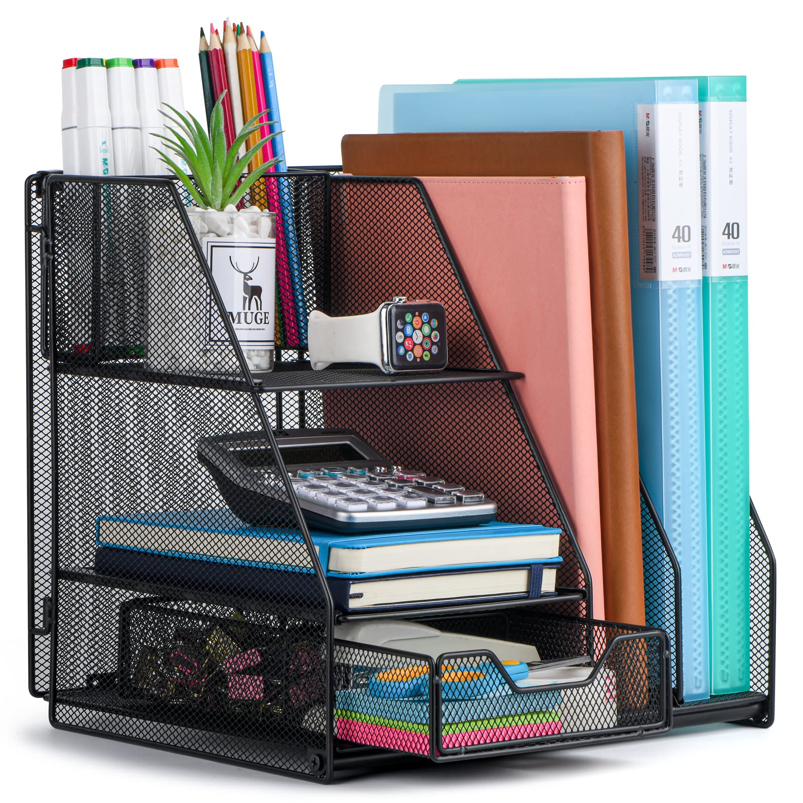 Topwey Desk Organizer, Office Supplies With 2 Paper Organizer, 1 Drawer And 2 Pen Holder, Classroom Must Haves And Teacher Must