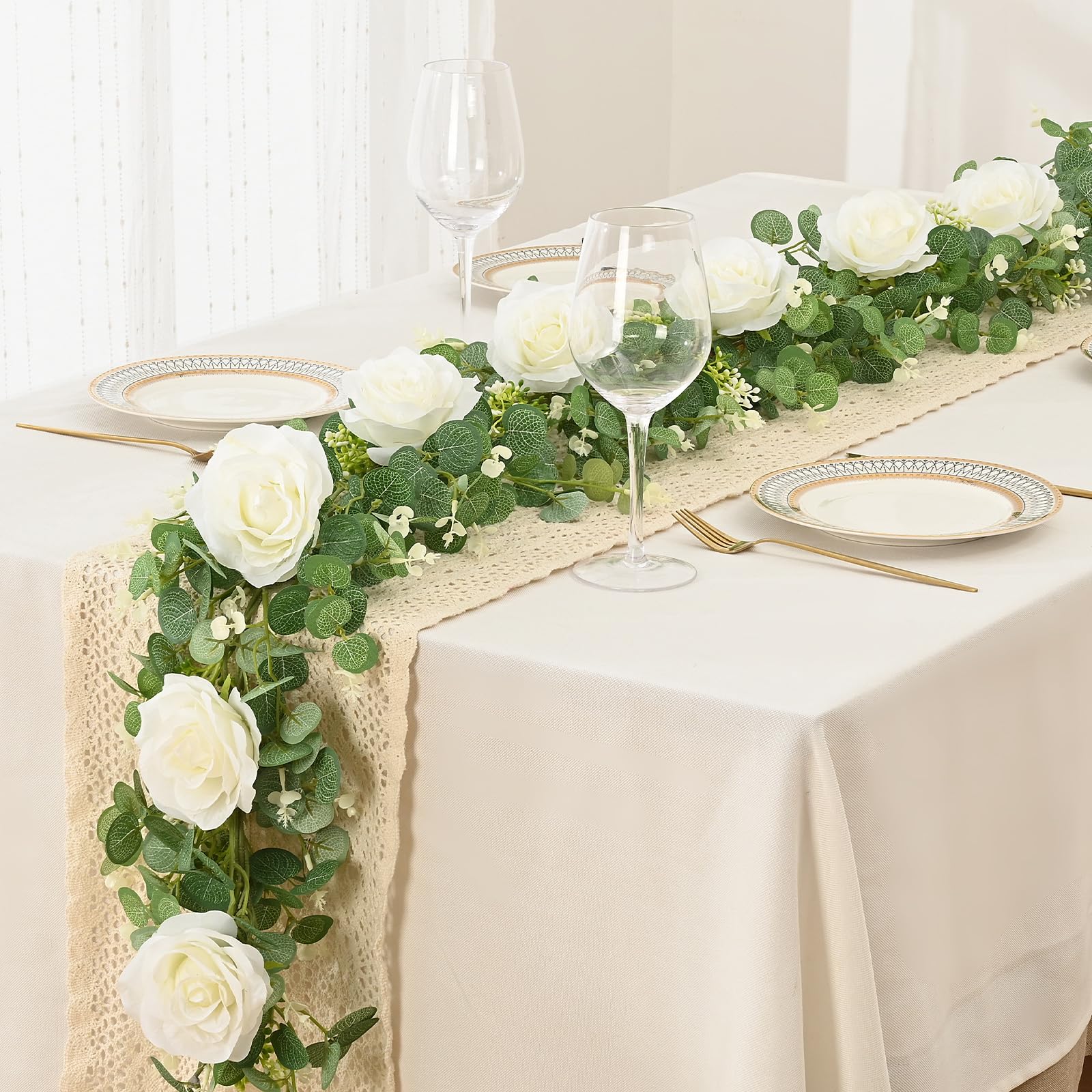 Dolicer 4Pcs 26Ft Artificial Eucalyptus Garlands With Flowers - 8 Roses, Faux Floral Greenery Garlands Fake Flowers Vines For We