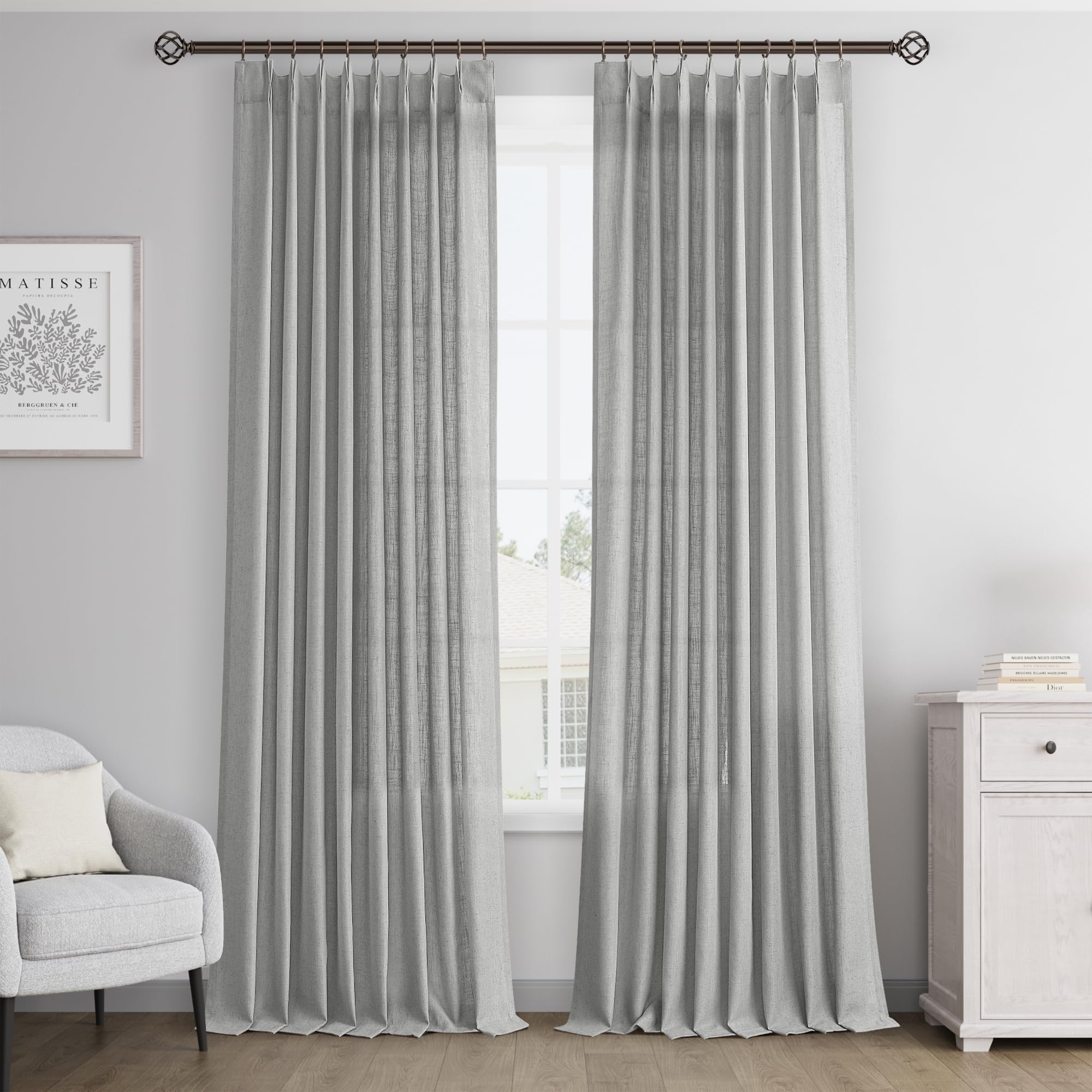 Joywell Linen Pinch Pleated Curtains 120 Inch Long,Back Tab Clip Rings Semi Sheer Light Filtering Soft Lightweight Drapes With Hooks Boho For Bedroom Living Room,W50 X L120,Grey,2 Panels Set