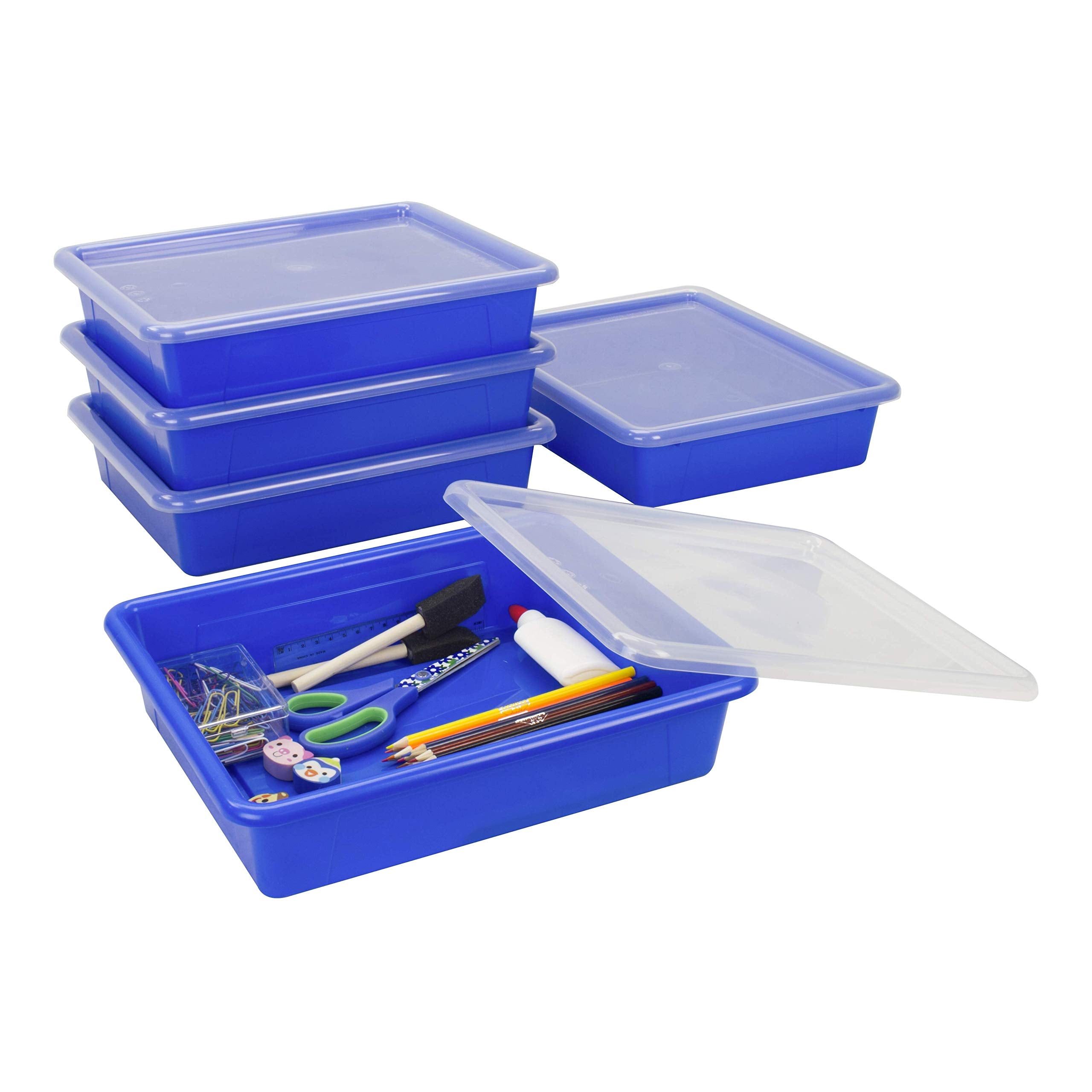 Storex Letter Size Flat Storage Tray - Organizer Bin With Non-Snap Lid For Classroom, Office And Home, Blue, 5-Pack (62536U05C)