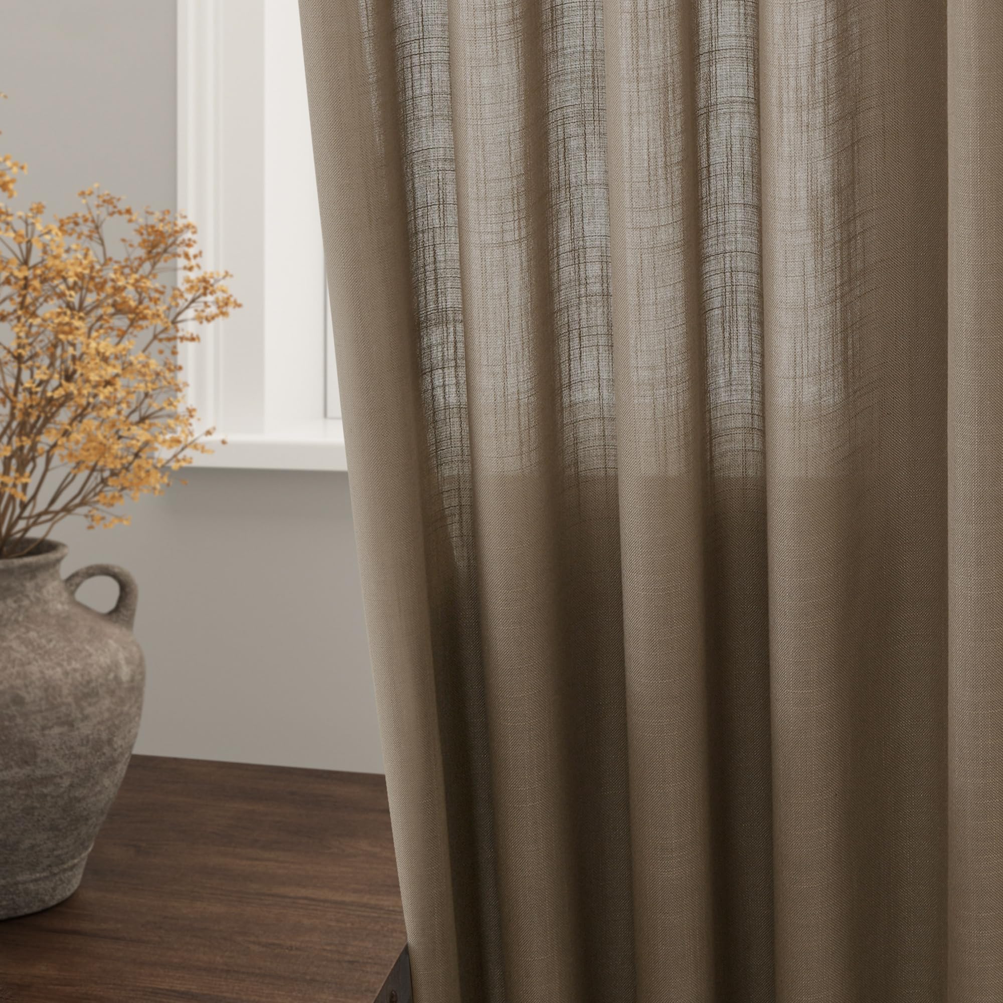 Nanspring Dark Taupe Linen Curtains 52W x 84L - 2 Panels, Light Filtering, Semi-Sheer, Modern Farmhouse Decor for Bedroom and Living Room
