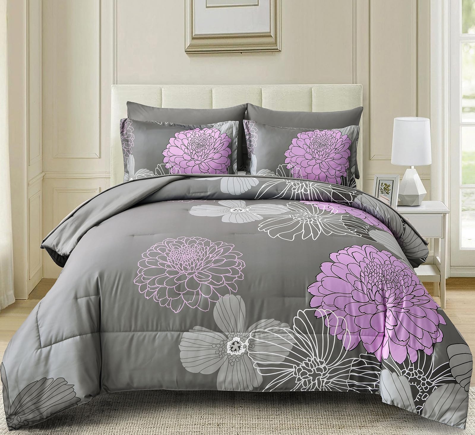 Yiran 7 Pieces Bed In A Bag Comforter Set Queen Size Grey Purple Bedding Sets Floral Soft Microfiber Comforter For All Seasons 9