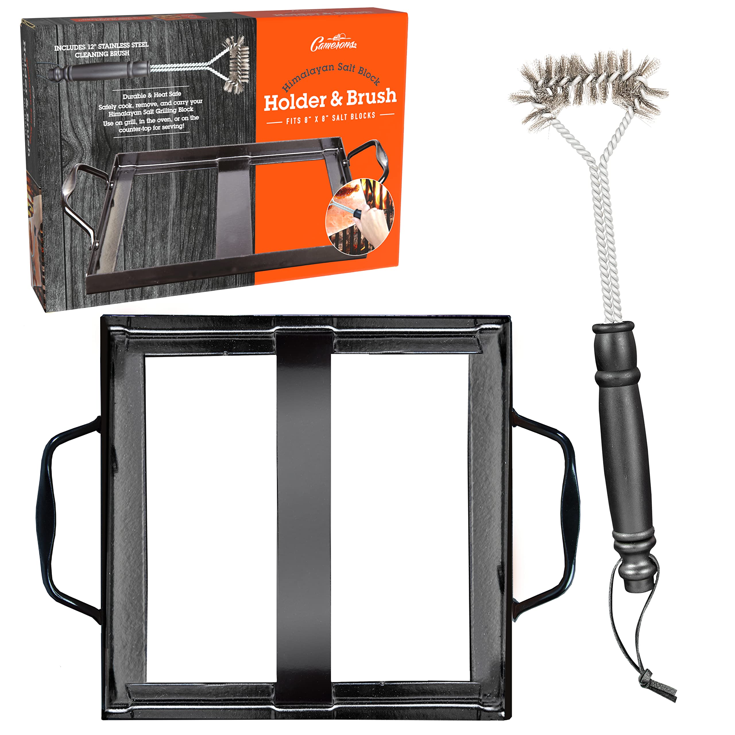 Himalayan Salt Block Holder & Stainless Steel Wire Cleaning Brush- Heat Resistant & Durable W/Easy-Grip Handles For Safety - Fit