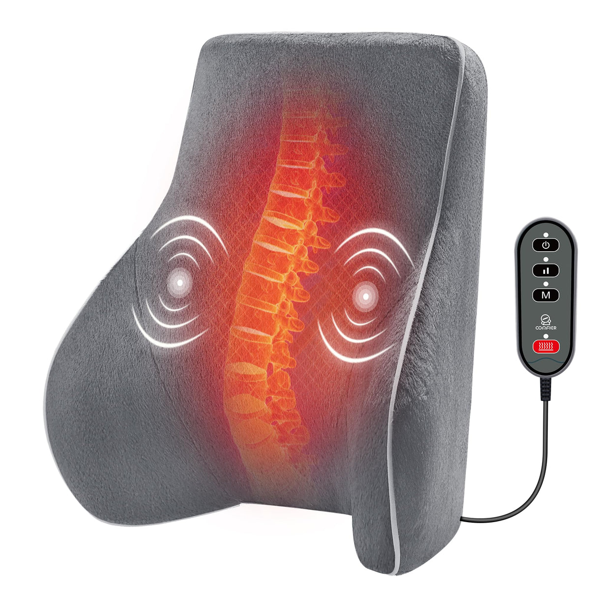 Comfier Lumbar Support Pillow, Back Support For Office Chair, Car Seat Cushions With 3 Vibration Modes & 2 Heat Levels-Gray