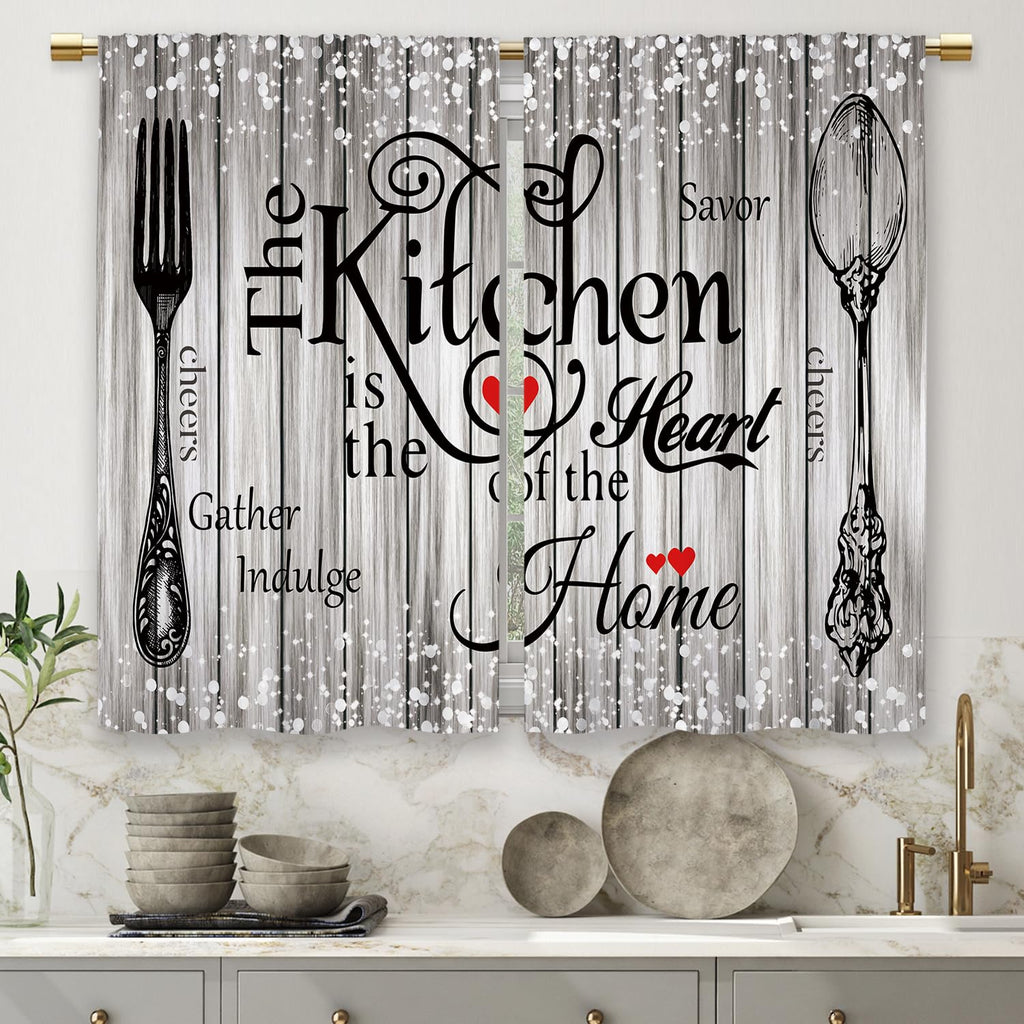 Laifzere Farmhouse Rustic Grey Kitchen Curtains Vintage Fork Spoon Retro Small Short Cafe Window Curtains Barn Country Wooden Wo