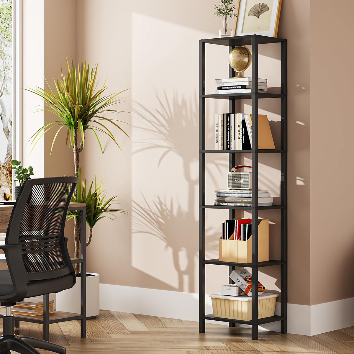 Tutotak Bookshelf, 6-Tier Tall Book Shelf, Narrow Bookcase For Small Space, Diy Stackable Bookshelf, For Living Room, Office, Study, Entryway, Industrial, Black Bs01Bk006