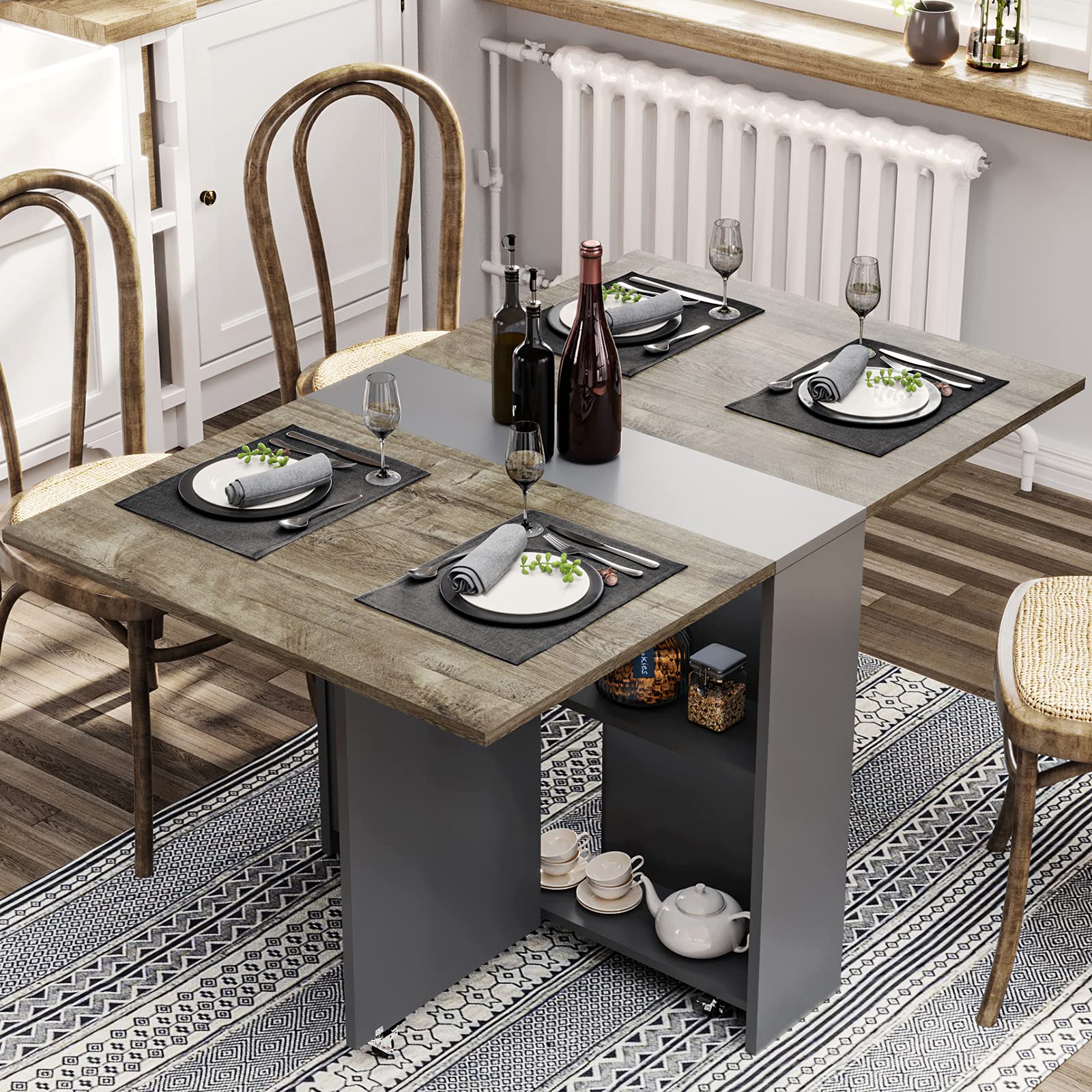Tiptiper Folding Dining Table, Drop Leaf Dining Table with 6 Wheels and 2-Layer Storage Shelf, Space Saving Dining Table for Sma