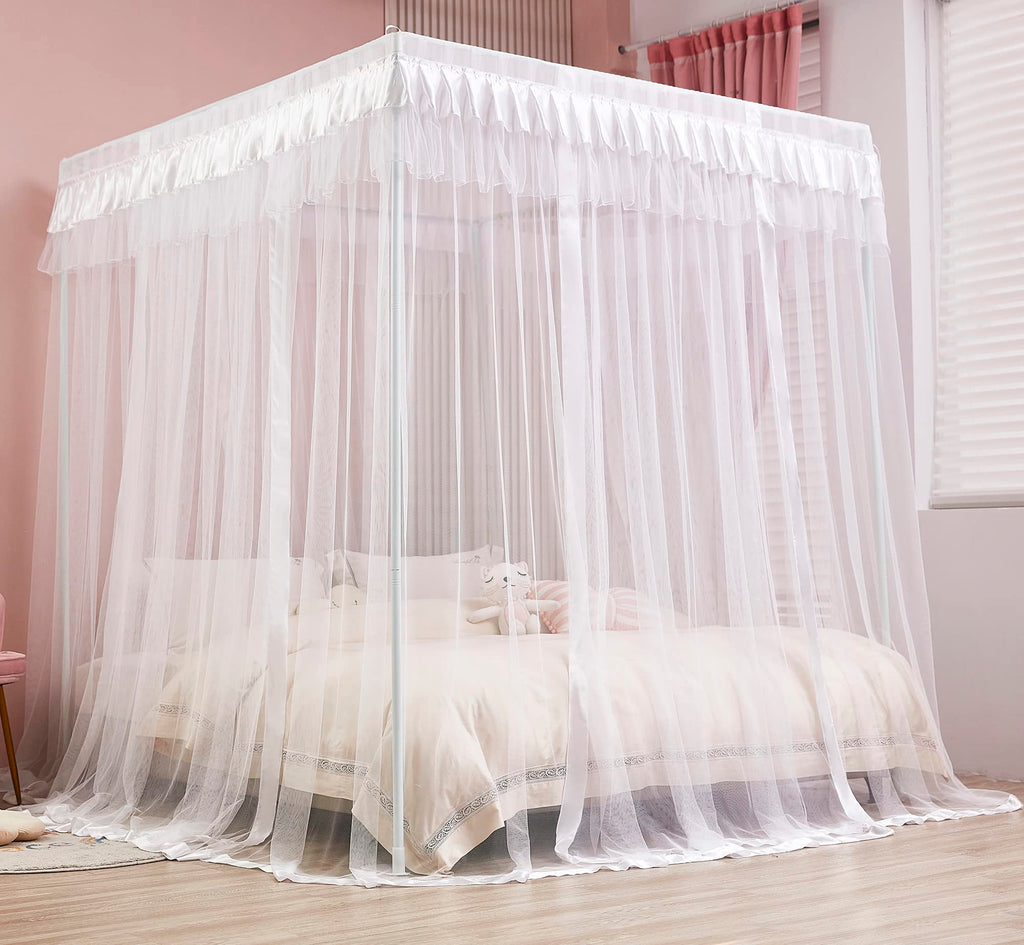 Mengersi 4 Corners Post Canopy Bed Curtains For Girls Kids Adults Queen Size- Cute Cozy Drape Square Netting - 4 Opening Mosquit