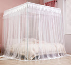 Mengersi 4 Corners Post Canopy Bed Curtains For Girls Kids Adults Queen Size- Cute Cozy Drape Square Netting - 4 Opening Mosquit