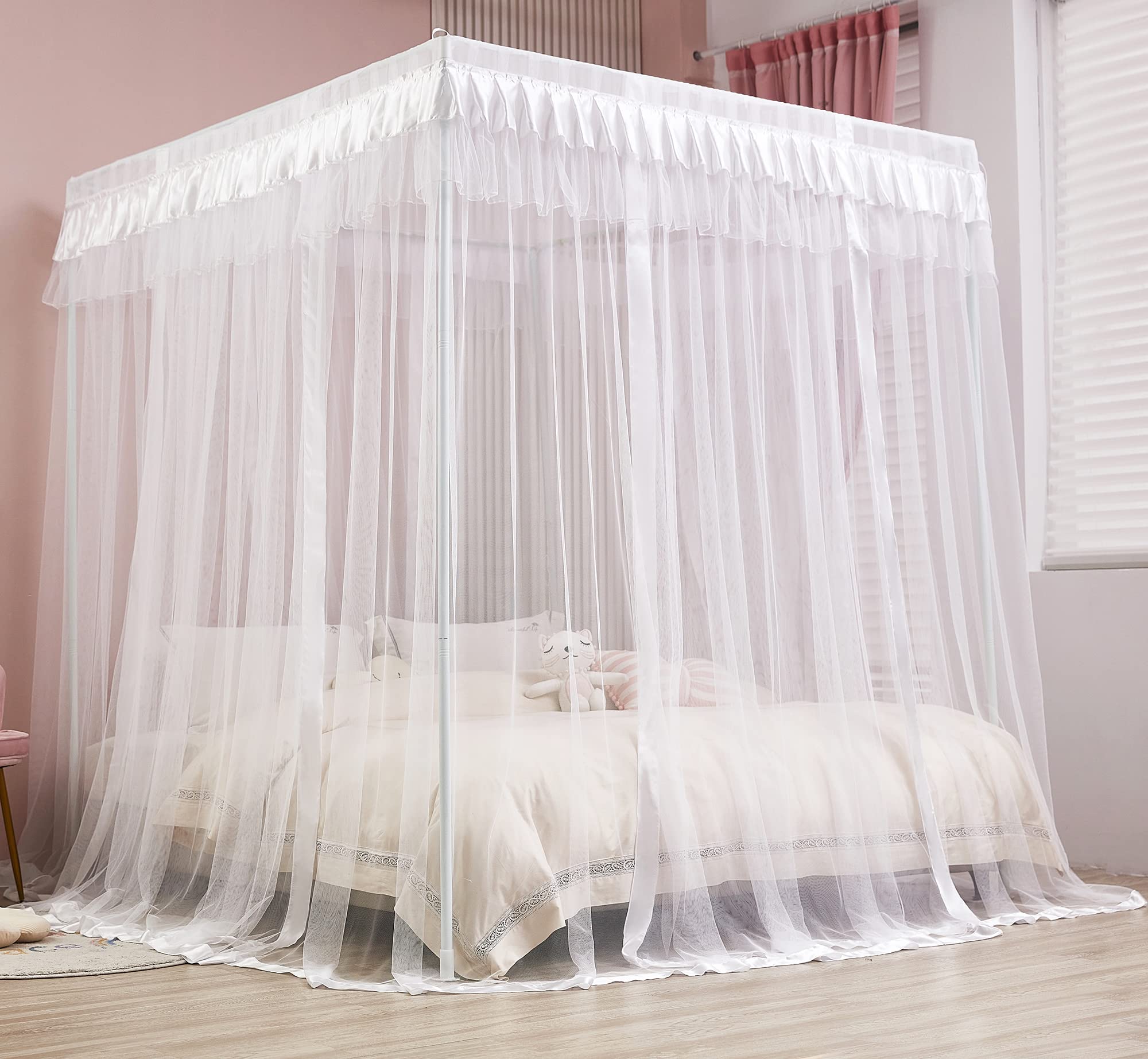 Mengersi 4 Corners Post Canopy Bed Curtains For Girls Kids Adults Queen Size- Cute Cozy Drape Square Netting - 4 Opening Mosquit