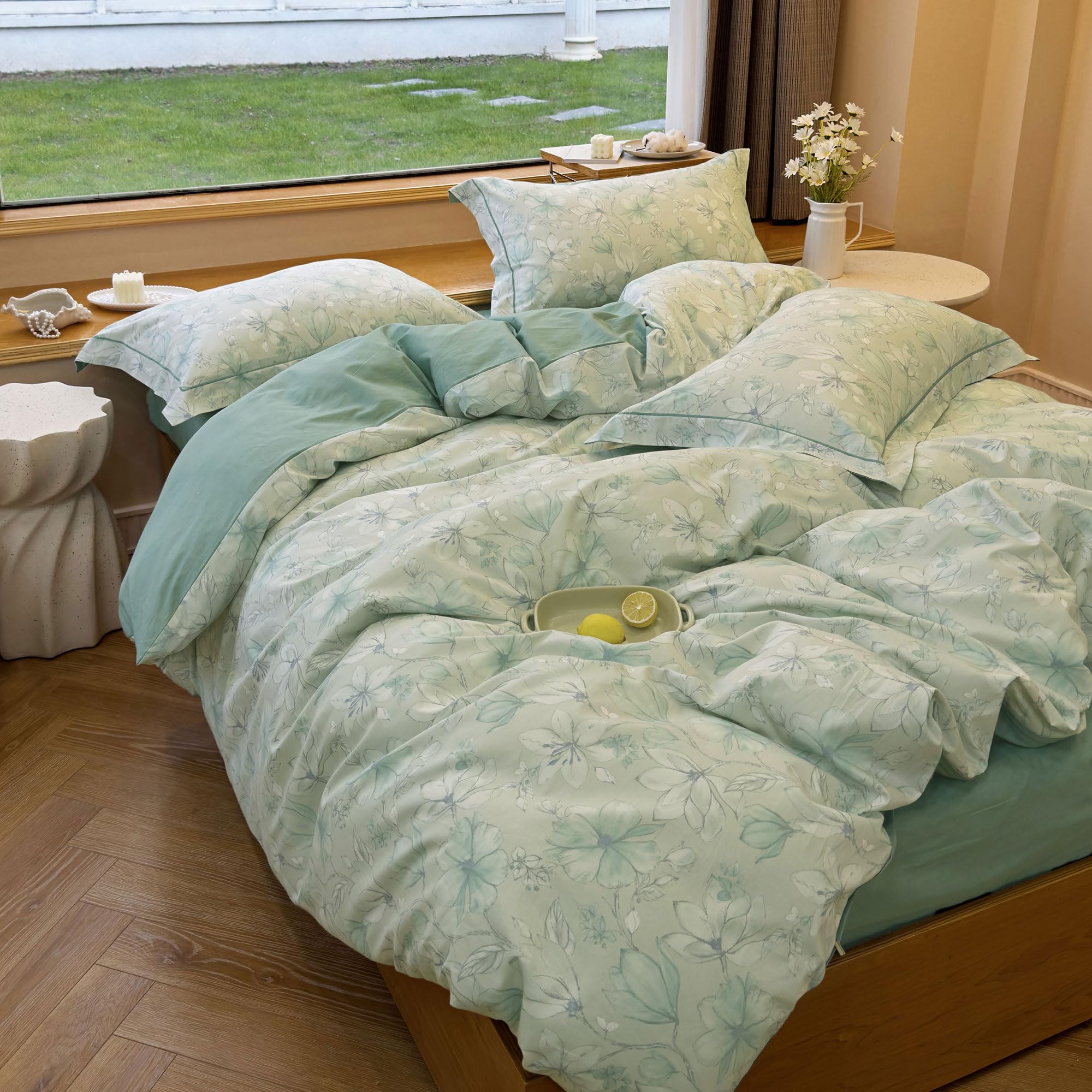 Aojim Green Kids Adults Duvet Cover Set With Floral Patterns, Soft Comfy 100% Cotton Comforter Cover Set 3Pcs, 1 Ab Sided Quilt