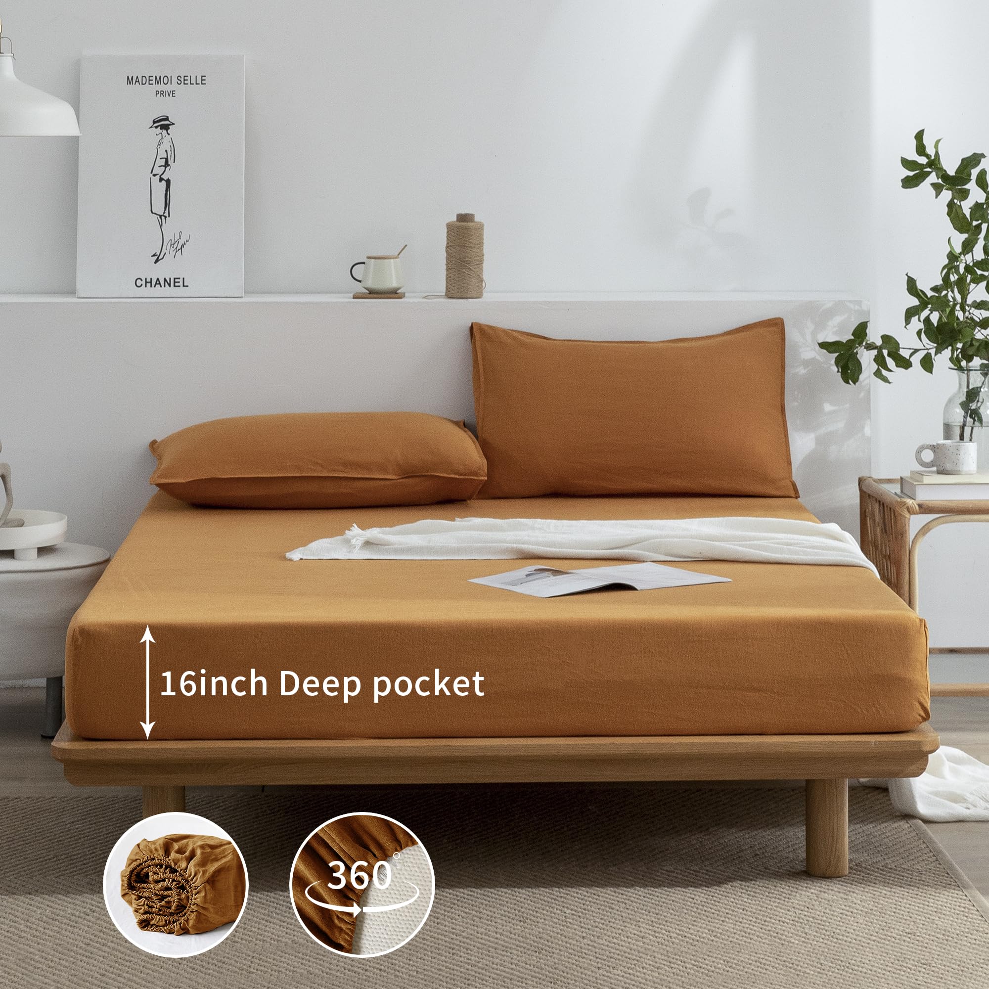Everly Linen Sheets Set King Size,100% French Stonewash Pure Linen Sheets Set,4Pieces (1Flat Sheet,1Fitted Sheet,2Pillowcase) Su