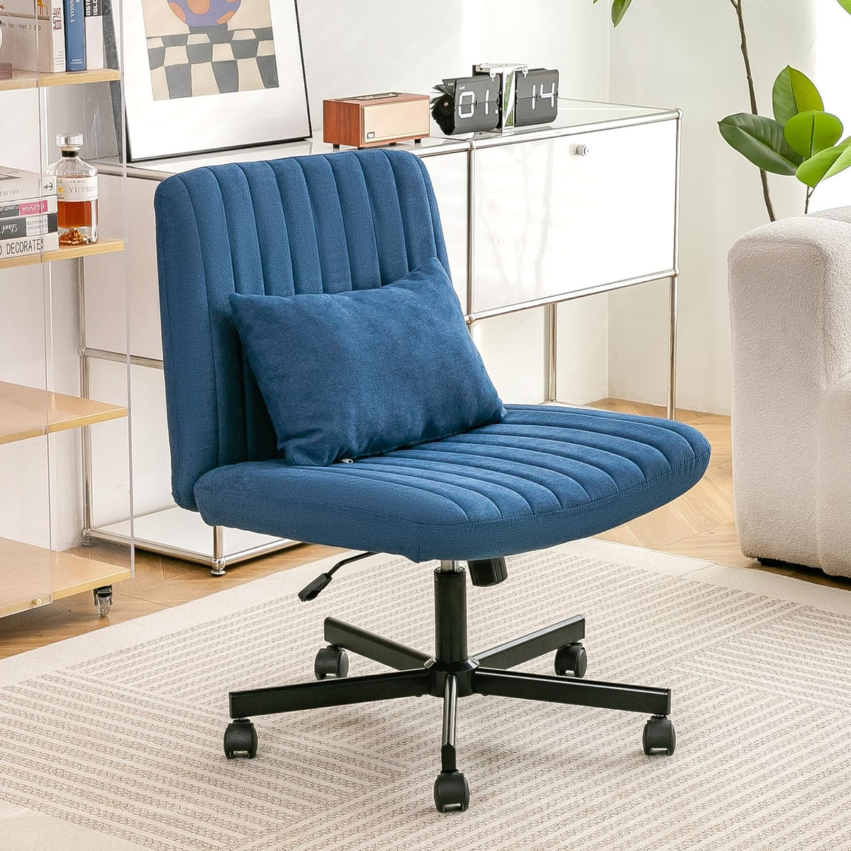 Purgreen Criss Cross Chair, Office Chair Cross Legged With Wheels, Armless Office Chair, Linen Desk Chairs With Wheels For Home