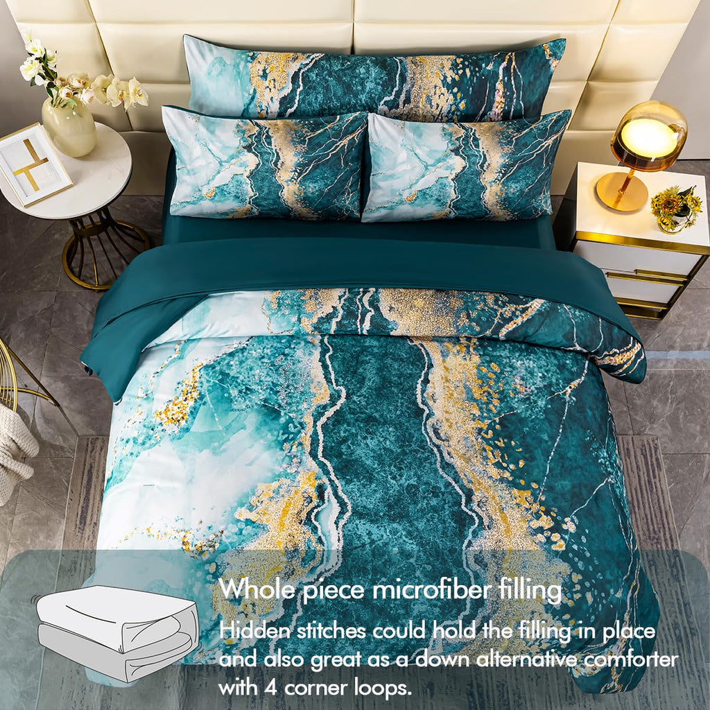 Perfemet 6-Piece Bed In A Bag Queen Set Aqua Gold Watercolor Marble Comforters With Sheet Soft Luxury Retro Artwork Aqua Green T