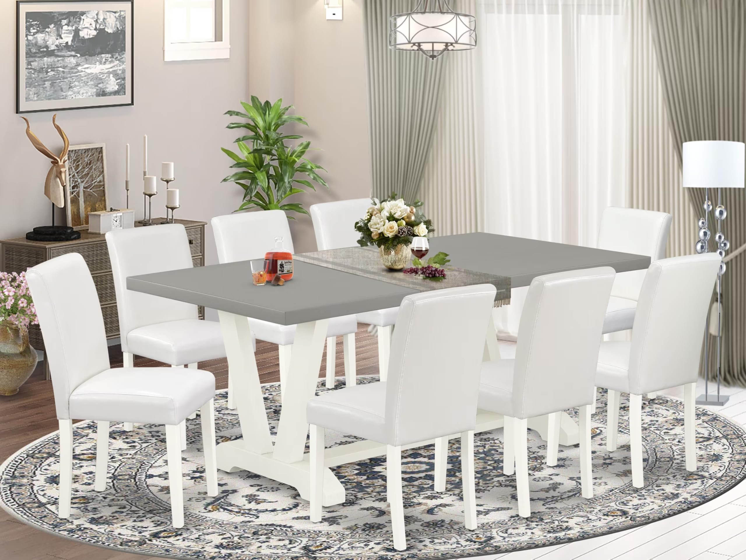 East West Furniture V097Ab264-9 9 Piece Modern Dining Table Set Includes A Rectangle Dining Room Table With V-Legs And 8 White Faux Leather Parsons Chairs, 40X72 Inch, Multi-Color